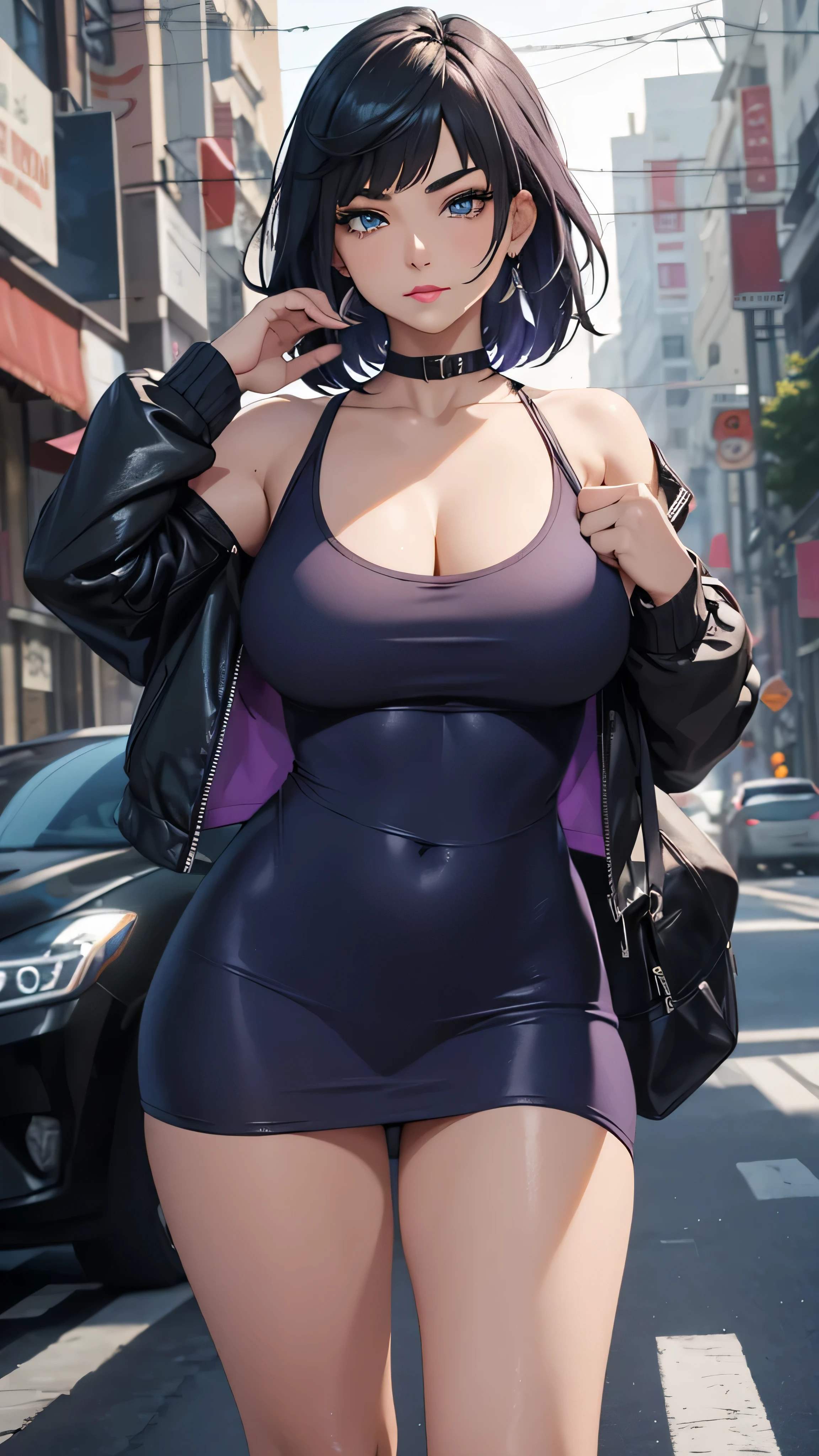 1. Female, single, alone, Beautiful Anime Women,
((Straight hair,Very short bob:1.2,Short, shoulder-length dark blue hair, Voluminous Hair, Blunt bangs, Dark blue hair,Hair above eyebrows,Purple Eyeshadow:0.5,Dark blue eyes,Slanted Eyes,Half closed eyes:1.2,Beautiful eyelashes,Troubled, sharp eyebrows:1.5,LOL,
Mouth closed,Orange lipstick,Mole under the mouth)),Perfect Eyes,((Medium Bust,Curvy thighs,Exposing the left thigh)),((T-Shirts))