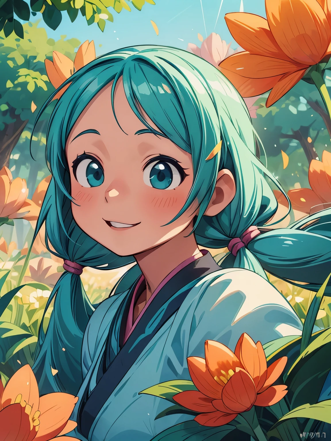 (masterpiece、highest quality、highest quality、Official Art、Beautiful and beautiful:1.2)、(One girl:1.3)Hatsune Miku、Twin tails,Beautiful breasts,award winning Digital Art, Half-body portrait of a beautiful woman in Tang Dynasty costume, Move your head、Long, flowing hair in an azure, turquoise hairstyle, Big smile, Sparklingした目, sexy, In the flower field, Golden sunset, Particles Dust, Sparkling, Paint splashes, Splash, Overtake, Vaporware, Shaded flat illustration, Digital Art, Trending on Art Station, Very detailed, The finer details, complicated
