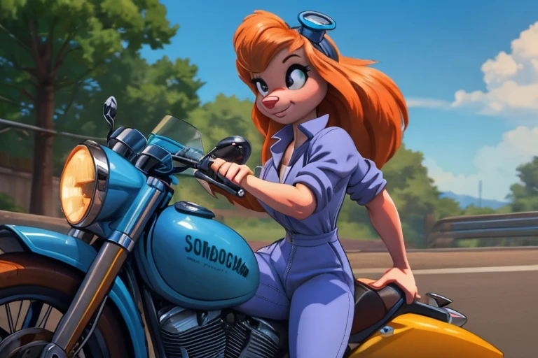 {{gadget_hackwrench}}, looking aside, {long orange hair}, {in a vintage '50s blue overalls}, riding an red old style motorcycle, dynamic pose for speed riding, (focused look), gh_clothes, gh_goggles, (high quality:1.2), masterpiece, detailed, hi res, 4k, sharp focus