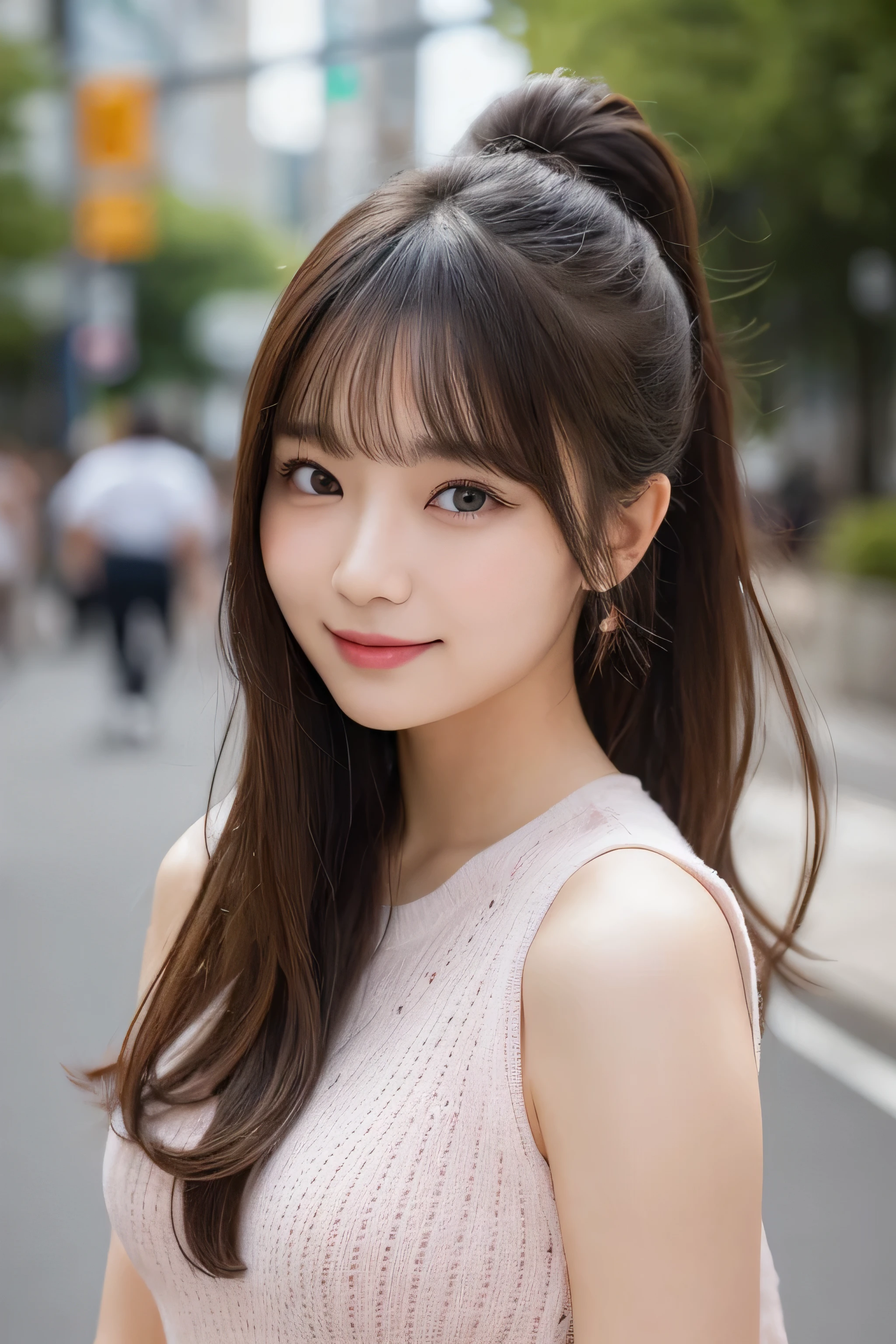 masutepiece, Best Quality, Illustration, Ultra-detailed, finely detail, hight resolution, 8K Wallpaper, Perfect dynamic composition, Beautiful detailed eyes, Women's Fashion Summer,Ponytail Hair,mid-chest, Natural Color Lip, Bold sexy poses,Smile,Harajuku、20 years girl、Cute、Sexy shot looking at camera, middle Breasts,