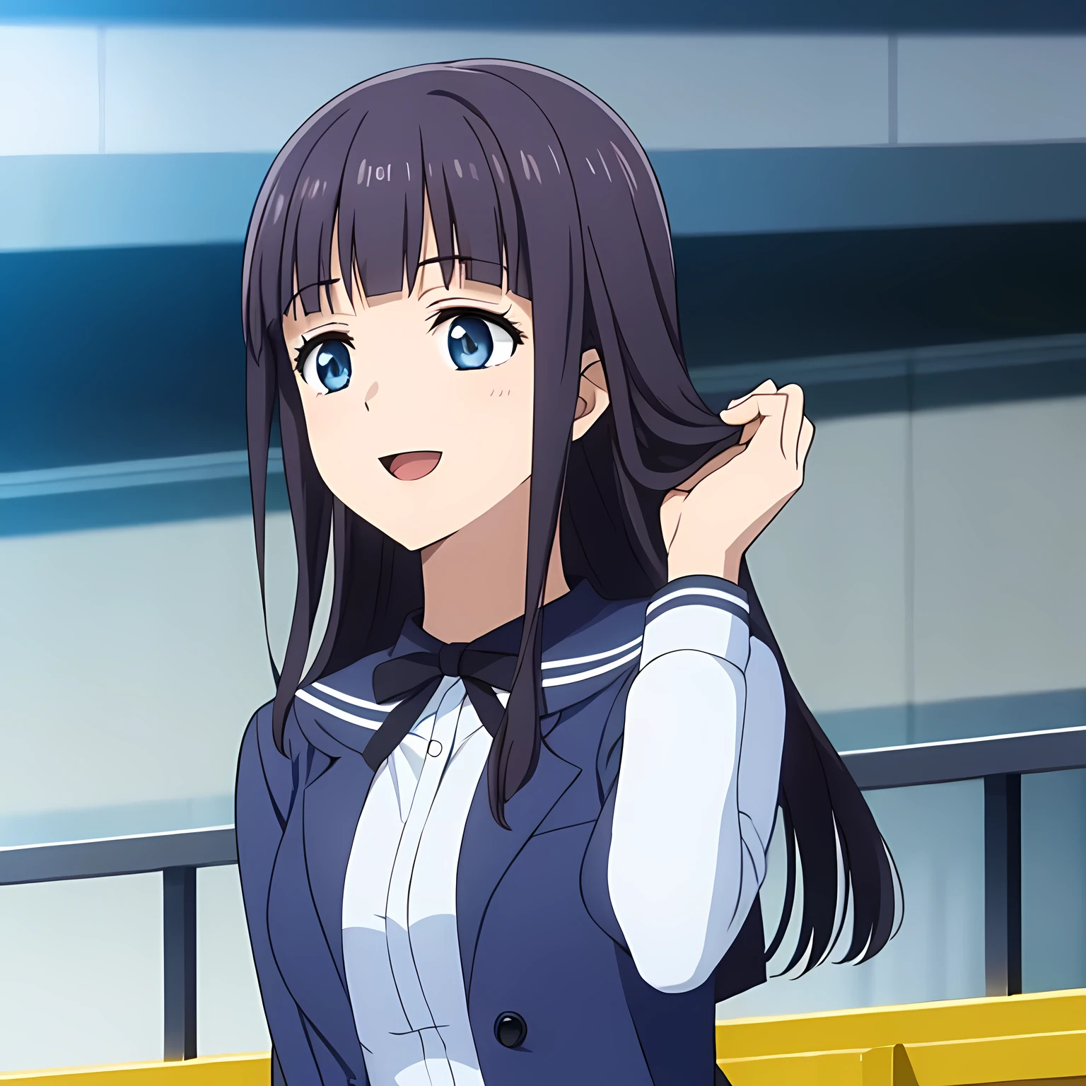 (highest quality, masterpiece:1.2), highest quality, High resolution, 1080p, 8K, Game heroine CG, Height: 158cm, ((A beautiful game heroine is looking up)), A face that everyone loves, Glossy lips, Even bangs, Double, Long eyelashes on both the top and bottom, Smiling blue eyes, The very large and thick yellow ribbon bowtie is very cute., ((Black Hair)), Beautiful, shiny, long black hair, ((A long, neat, dark navy pleated skirt)), (((A long-sleeved navy blue sailor uniform for winter, all dark blue in color))), ((Navy blue jacket)), Smiling, slightly open mouth like a game heroine, Ribbon in hair, Tight waist, The background is a blank white space, ((Blur the background))