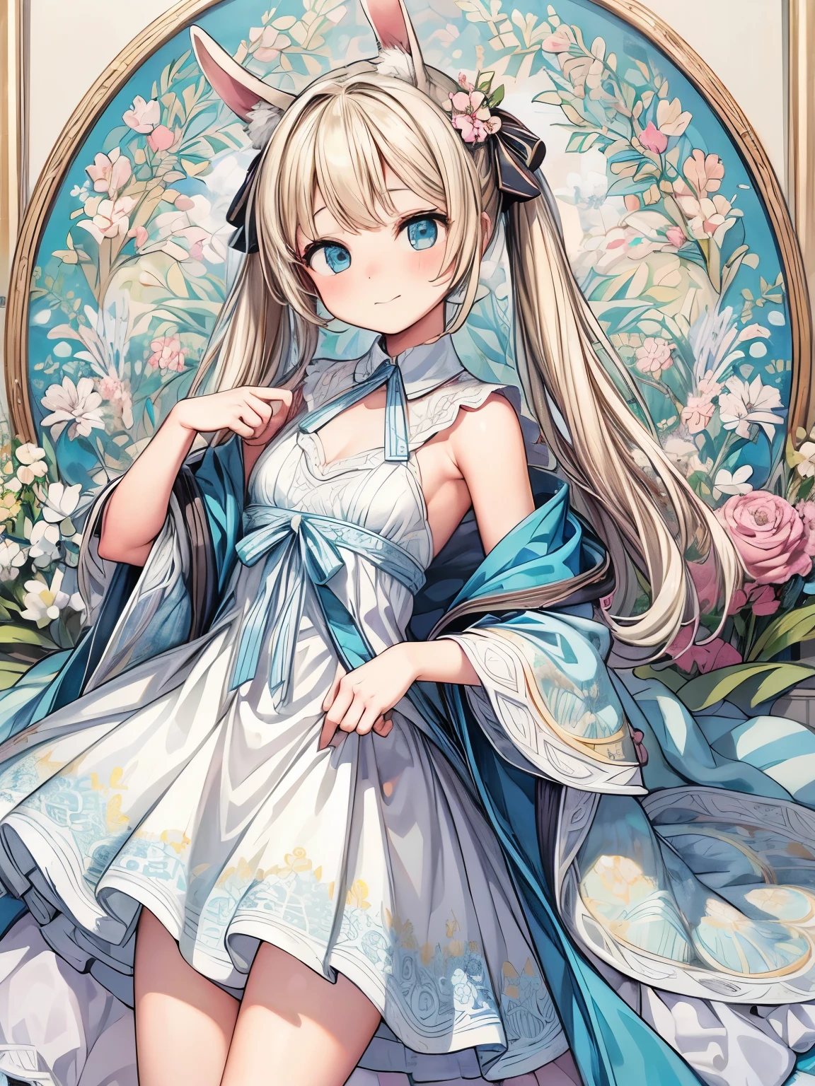 (masterpiece、highest quality、highest quality、Official Art、Beautiful and beautiful:1.2)、(One girl:1.3)Hatsune Miku、Twin tails,Beautiful breasts,Flower Painting, Floral frame, Decorative panel, Abstract art:Alphonse Mucha, sketchfab, Draw lines and scenes without shadows. (masterpiece, highest quality, High resolution: 1.4), detailed, Intricate details, 4K, Splashes of color, Line art, Fibonacci,Cute 11 year old blonde girl with blue eyes and bunny ears.