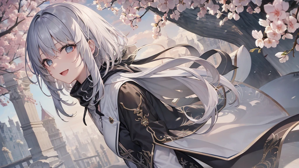 Her eyes were shining、Mysterious and enchanting atmosphere。With AI Painting、とてもShort Hair, Long bangs between the eyes, Grey Eyes , Very detailed,(masterpiece、highest quality)、alone、Gray Hair、Fantasy, Silver Hair, Beautiful Eyes,Ecstasy, charm, attract the audience, Fantasyな風景、White shirt、smile、Open your mouth、Scarf、short hair、Short Hair、hairpin、Dark Eyes