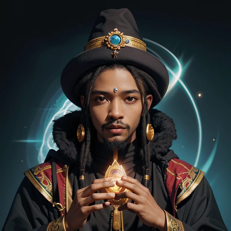 Close-up of a man, African, black, monk with a team on a colored background, by Alexander Kucharsky, by Pablo Muñoz Gomez, ancient mystical time lord, portrait of a magician, emperor of the known universe, portrait of a magician, An old male archmage, male magician, portrait of Merlin, by Arthur Pan, spell-casting magician,