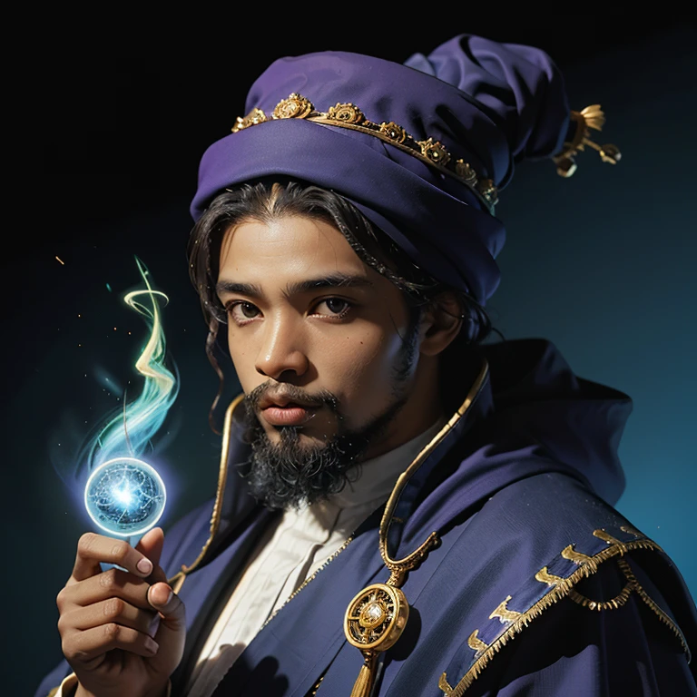 Close-up of a man, African, black, monk with a team on a colored background, by Alexander Kucharsky, by Pablo Muñoz Gomez, ancient mystical time lord, portrait of a magician, emperor of the known universe, portrait of a magician, An old male archmage, male magician, portrait of Merlin, by Arthur Pan, spell-casting magician,