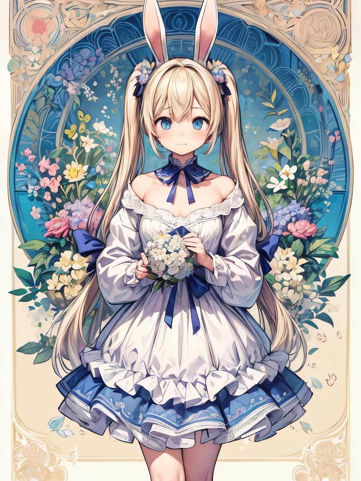 (masterpiece、highest quality、highest quality、Official Art、Beautiful and beautiful:1.2)、(One girl:1.3)Hatsune Miku、Twin tails,Beautiful breasts,Flower Painting, Floral frame, Decorative panel, Abstract art:Alphonse Mucha, sketchfab, Draw lines and scenes without shadows. (masterpiece, highest quality, High resolution: 1.4), detailed, Intricate details, 4K, Splashes of color, Line art, Fibonacci,Cute 11 year old blonde girl with blue eyes and bunny ears.
