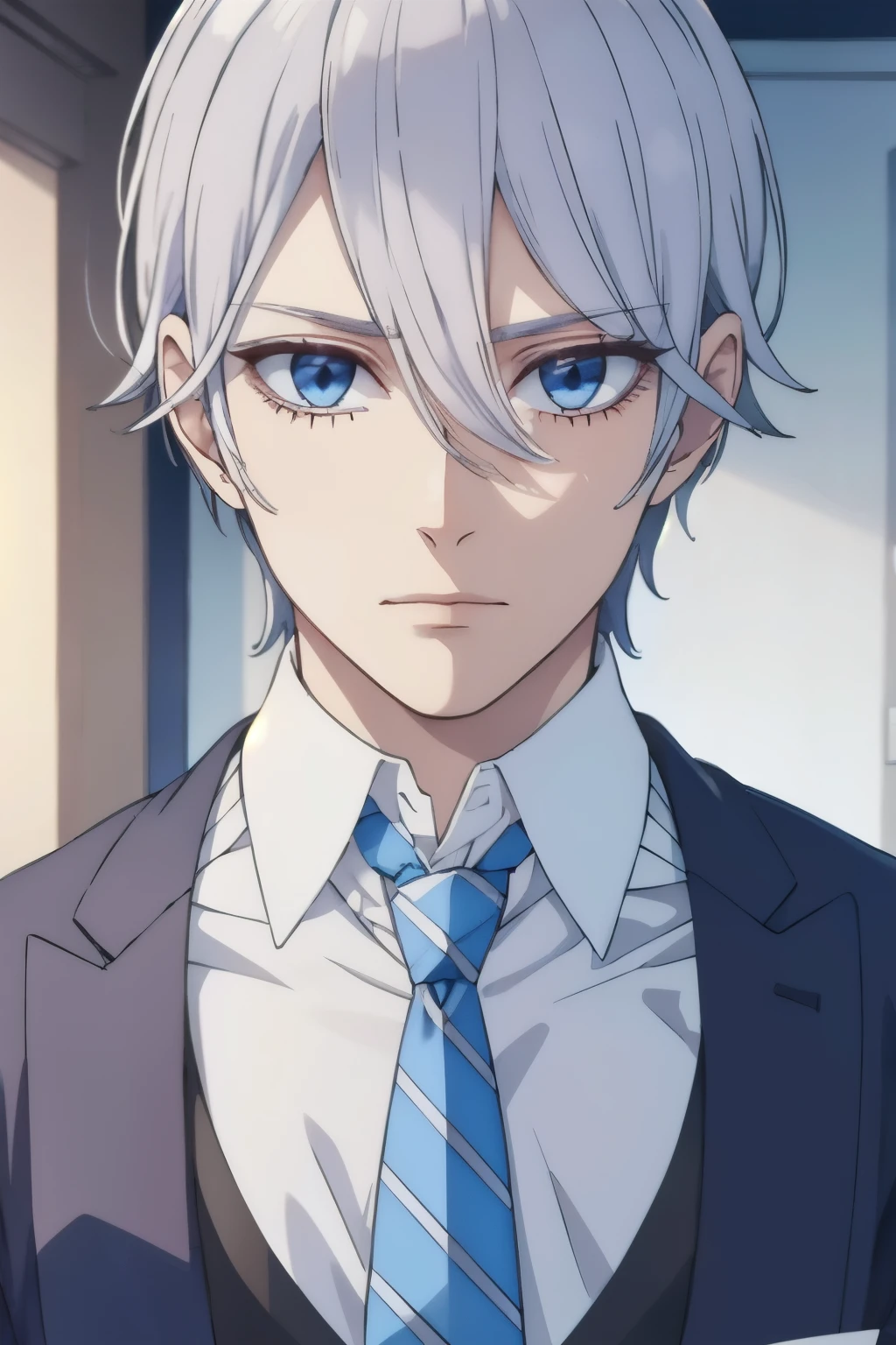 Boy, silver hair, blue eyes, serious sharp features, white skin, handsome, high 