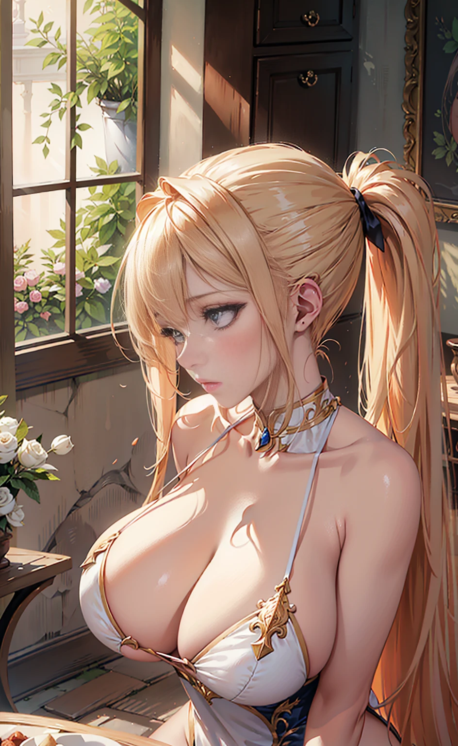 from the side,(Scenes,Fantasy Art,Highest image quality,Surreal主义肖像,(8k),Surreal,best quality,high quality,HD,High quality textures,High Detail,Beautiful and detailed,fine,Extremely detailed CG,Detailed texture,True representation of the face,On the table,present,Dynamic,bold),1 GIL,Ultra-delicate skin,curve,,Beautiful breasts,Huge Breasts,Pale skin,Pointed chest,stand erect,Ponytail,(Very thin hair),(Super soft hair),(super straight hair),Sweep long bangs,very light copper amber hair,Hair covering one eye,Sportswear