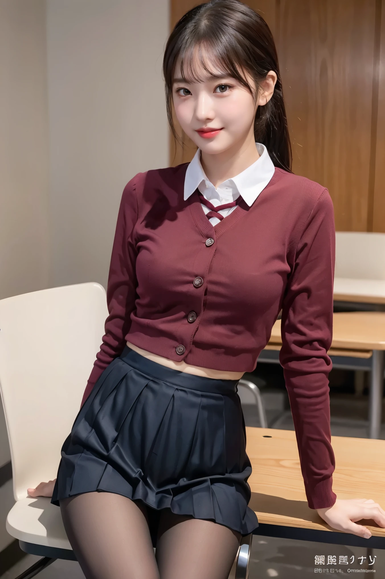 (8k), (highest quality: 1.2), (Realistic), (Realistic: 1.37), Ultra-high resolution, 1 girl, cute, Shiny skin,(Blushing:1.2),smile, Red Lip,Mouth closed, Beautiful details, Beautiful Nose, whole body, Wet Hair, ponytail,Giant Dulcefo, pork,Navel exposed,(University Student Uniform:1.2),A simple blazer,(Pleated skirt:1.4),Sit on a chair, (shiny pantyhose:1.2)