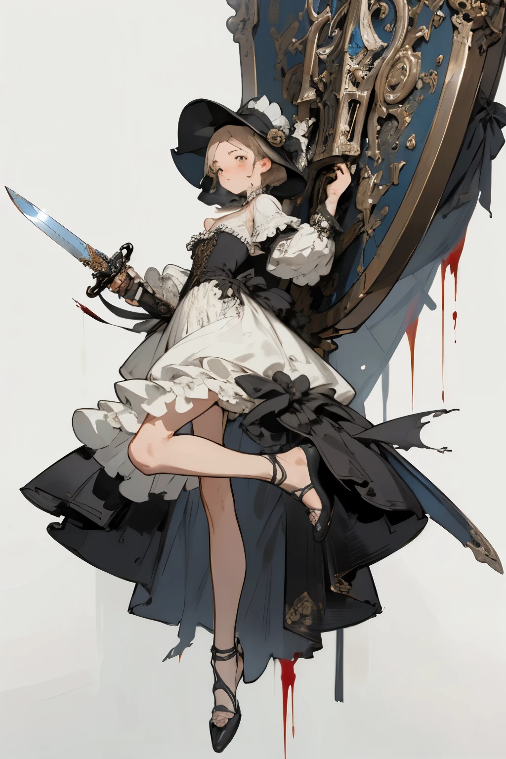 ((best quality)), ((masterpiece)), (detailed), perfect face ((best quality)), ((masterpiece)), (detailed), blank white background, plain background, white background, Bloodborne inspired,  occult aesthetic, occult, detailed and intricate steampunk and detailed gothic, (zentangle, mandala, tangle, entangle),  NSFW, torn clothing, Very dramatic and cinematic lighting, cosmic horror, grim-dark, side-lighting, perfect face, a beautiful goddess adorned and enshrined in armour, Bloodborne inspired , occult aesthetic , occult , detailed and intricate steampunk and detailed gothic , wielding a sword and holding a shield, NSFW, Fluttering lace flared short dress with frilly petticoats, knee length dress, pleated petticoats, lolita dress, petticoats gothic lolita, side-lighting, gothic lolita aesthetic, beautiful small breasts, small breasts, full body, whole body, body, plain background, white background, blank background, no background, white background NSFW, full body, whole body, head-to-toe