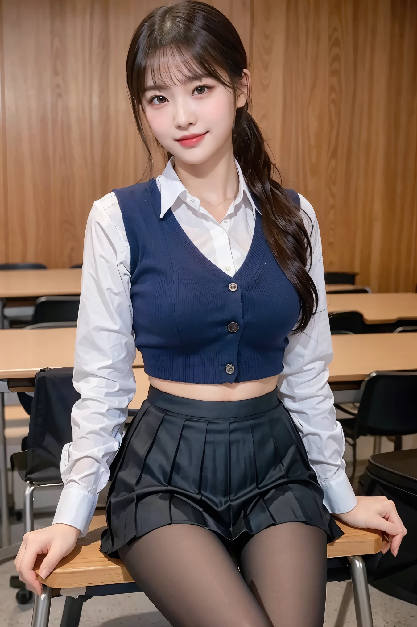 (8k), (highest quality: 1.2), (Realistic), (Realistic: 1.37), Ultra-high resolution, 1 girl, cute, Shiny skin,(Blushing:1.2),smile, Red Lip,Mouth closed, Beautiful details, Beautiful Nose, whole body, Wet Hair, ponytail,Giant Dulcefo, pork,Navel exposed,(University Student Uniform:1.2),A simple blazer,(Pleated skirt:1.4),Sit on a chair, (shiny pantyhose:1.2)