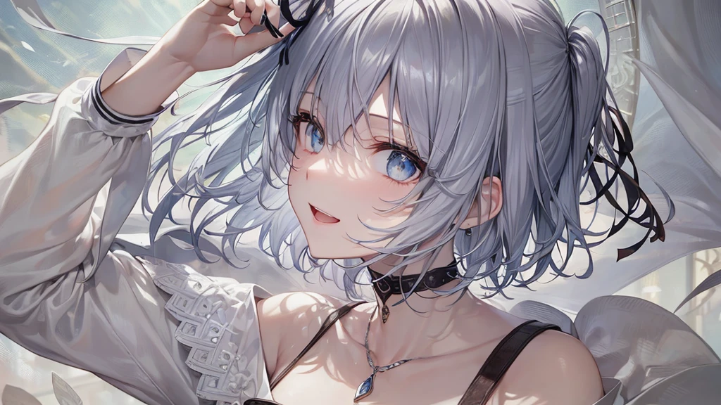 Her eyes were shining、Mysterious and enchanting atmosphere。With AI Painting、とてもShort Hair, Long bangs between the eyes, Grey Eyes , Very detailed,(masterpiece、highest quality)、alone、Gray Hair、Fantasy, Silver Hair, Beautiful Eyes,Ecstasy, charm, attract the audience, Fantasyな風景、White shirt、smile、Open your mouth、Scarf、short hair、Short Hair、hairpin、Dark Eyes