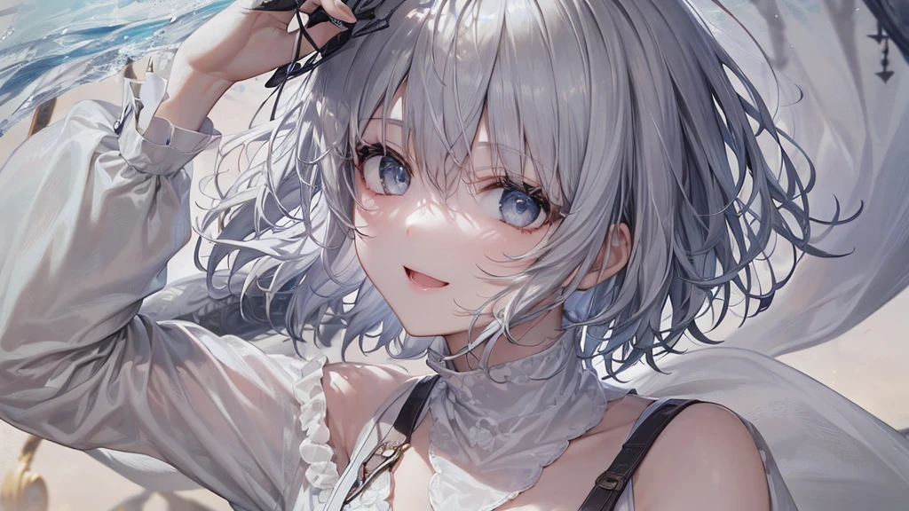 Her eyes were shining、Mysterious and enchanting atmosphere。With AI Painting、とてもShort Hair, Long bangs between the eyes, Grey Eyes , Very detailed,(masterpiece、highest quality)、alone、Gray Hair、Fantasy, Silver Hair, Beautiful Eyes,Ecstasy, charm, attract the audience, Fantasyな風景、White shirt、smile、Open your mouth、Scarf、short hair、Short Hair、hairpin、Dark Eyes
