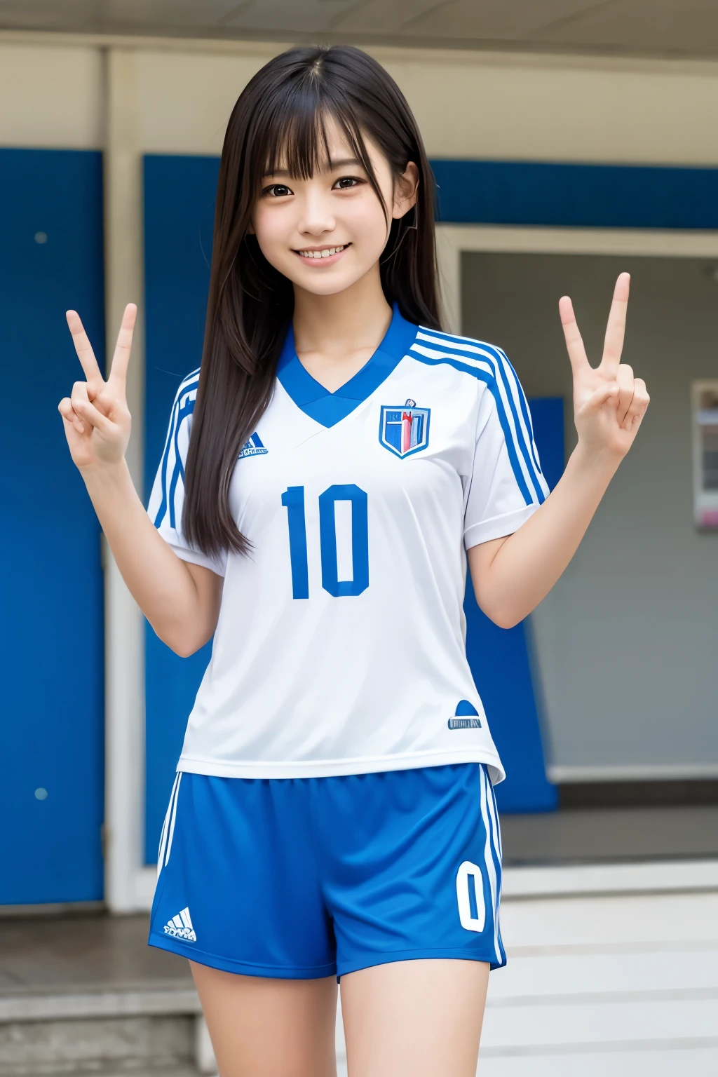 A young woman、He is posing in the blue soccer uniform of the Japanese national team.。Her hair is long、It extends to the shoulders。A woman makes a peace sign with her right hand、The left hand is placed next to the door。She is smiling at the camera.、Has a friendly expression。Football Stadium、I'm rooting for you、
