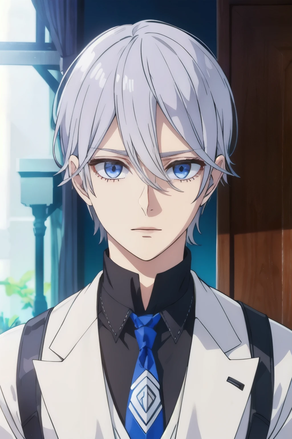 Boy, silver hair, blue eyes, serious sharp features, white skin, handsome, high 