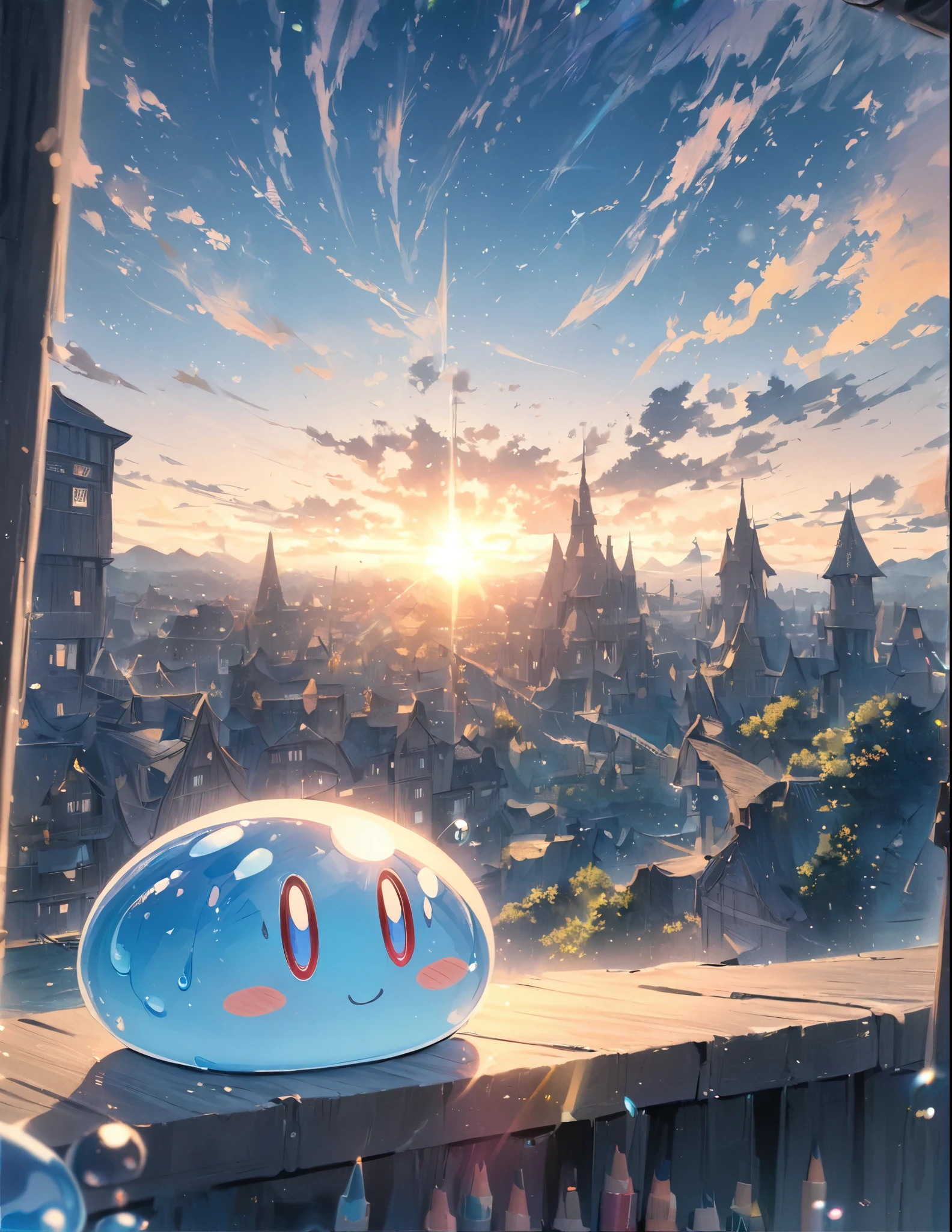 ((style:Colored pencil,pale colour))、(anime)、(masterpiece:1.2),atmospheric perspective,lens flare、Slime and Girl、Fantasy World、cute、A charming slime、Traveling Girl