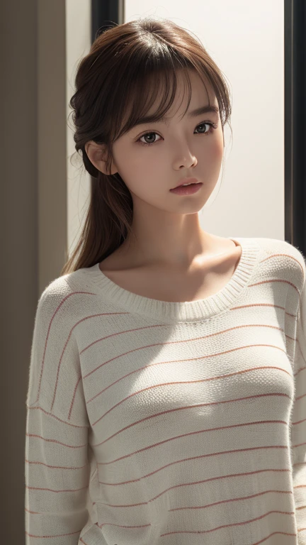 whole body,White striped wool sweater,1 girl,alone,
(8k, RAW Photos, highest quality, masterpiece:1.3),(Realistic, photo-Realistic:1.37),Realistic skin texture,(photoRealistic:1.3),(hyperRealistic:1.2),