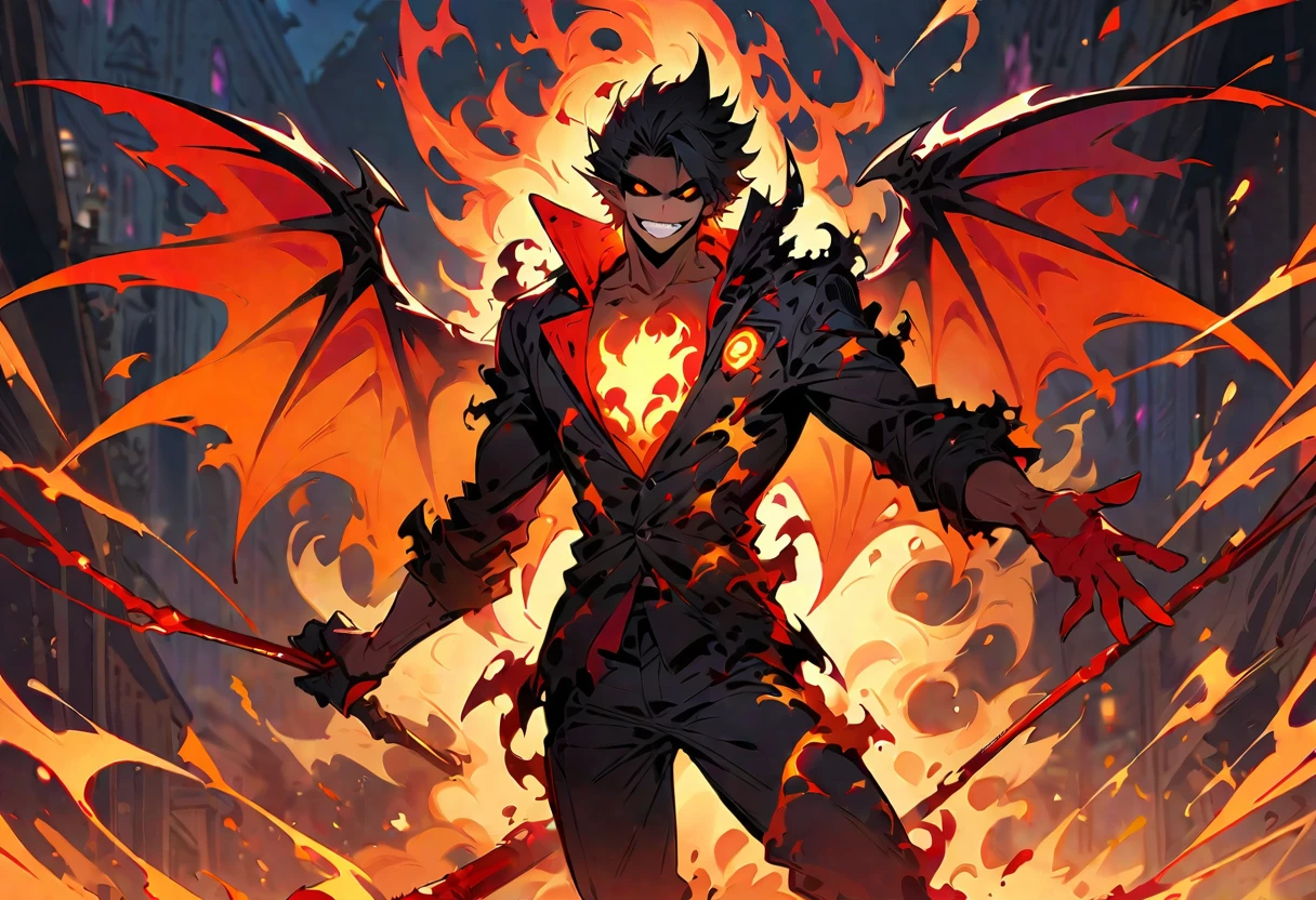 Best quality, One, beautiful, 1 man, with a sporty body, V-shaped body, wide shoulders, in a detailed black British suit (torn and burned suit), crazy and toothy smile, large fire bat wings, sharp ears, short hair, black hair, model hair, black sclera and blood-red iris of the eyes and reptile pupils, a pillar of flame breaks out of it, it is full on fire and covered with lights, fiery threads, black light