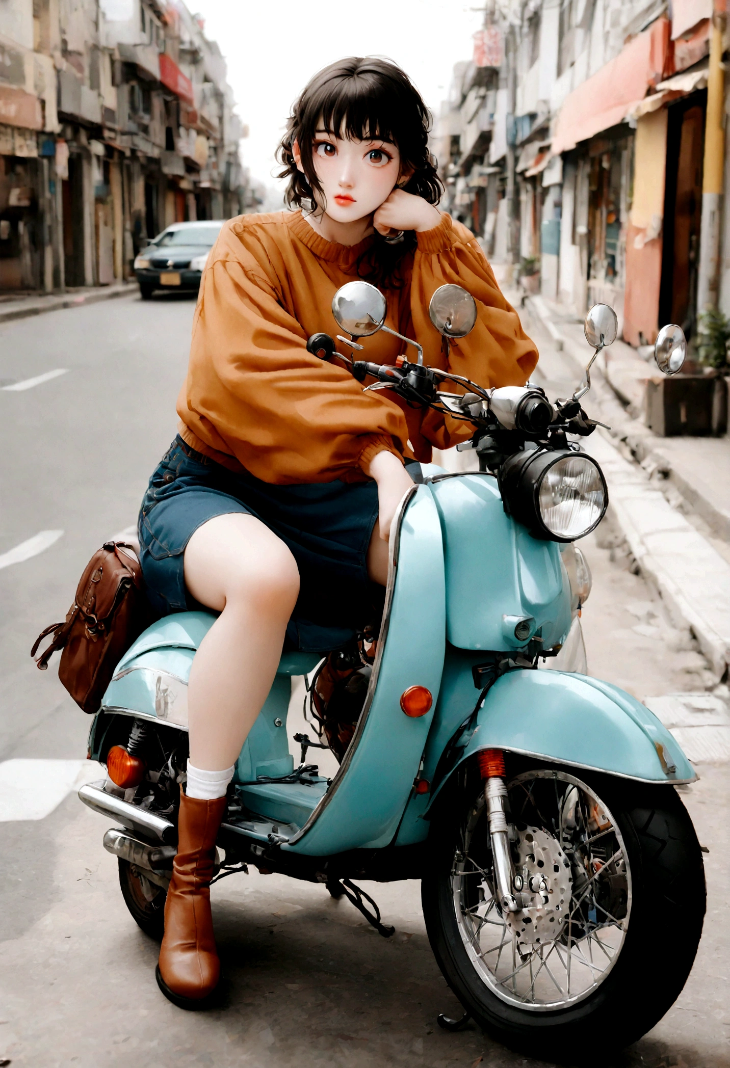 (Daisaku),(Need),(Super meticulous),(full bodyesbian:1.2), arafed woman sitting on a scooter on the side of the road, 1girl, tsubasa nakai's style, sitting on a motorcycle, photoshoot, 🚿🗝📝, moped, chiho, yasumoto oka, handsome girl, casual pose, sakimichan, riding a motorcycle, motorcycle, japanese model, kimi takemura, beautiful image,(beautiful detailed face),(Beautiful and delicate eyes),