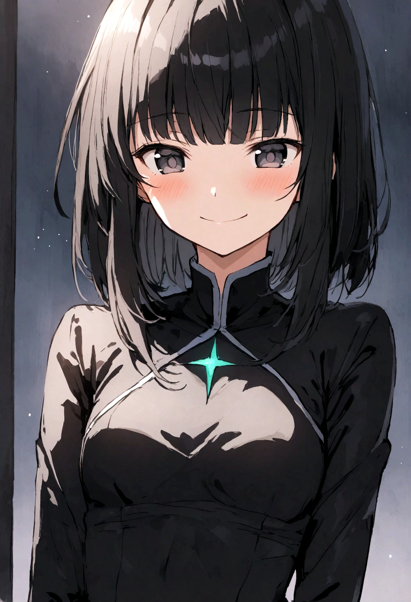 anime girl, wearing juunihitoe, all black uniform, short black hair with bangs, black eyes, beautiful, small breasts, smiling, blushing, slender