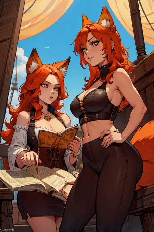 A orange haired fox woman with copper eyes and an hourglass figure and orange fox ears and an orange foxy tail in a pirate outfit is reading a map on a pirate ship