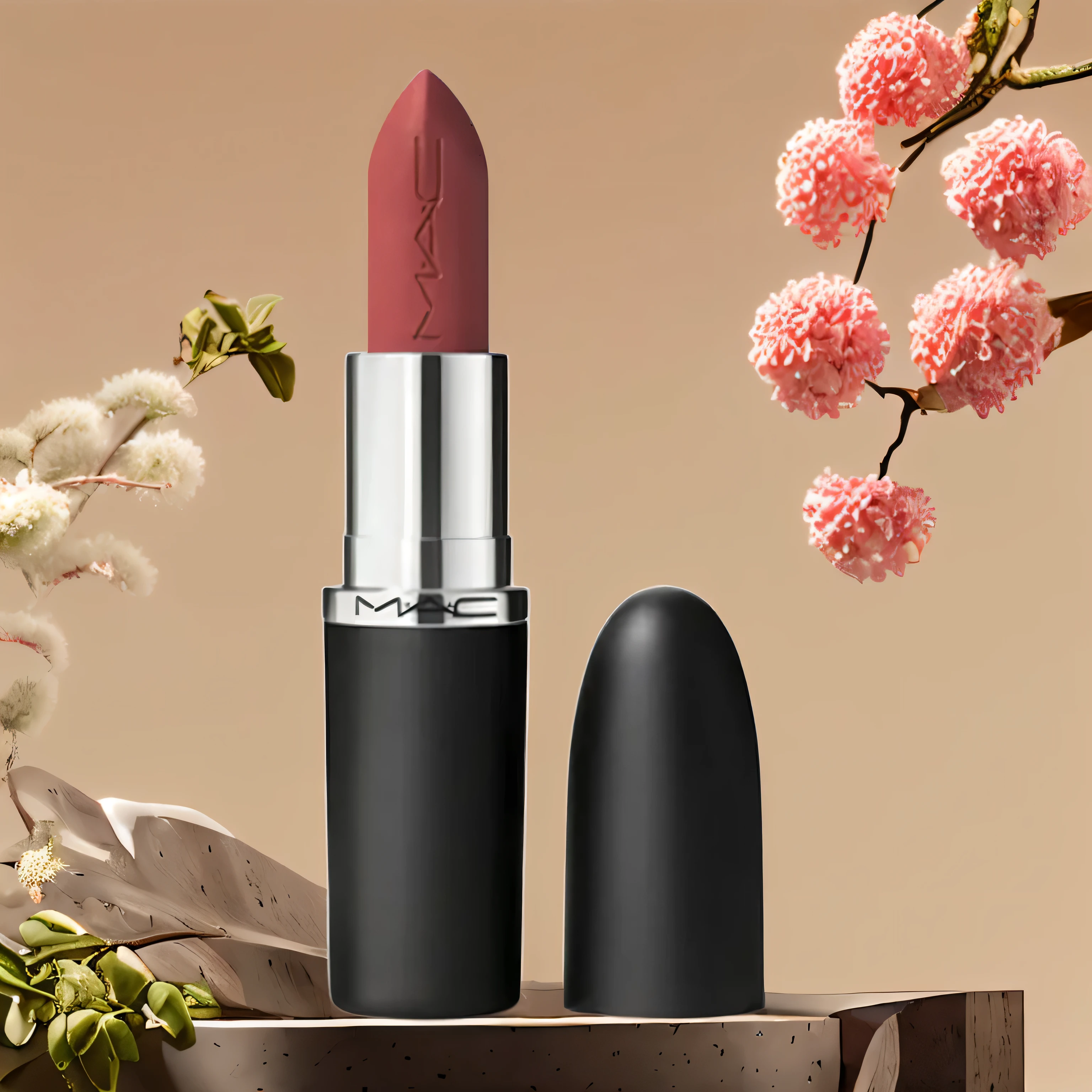 lipstick with a pink shade and a black cap on a wooden table, lipstick, mac, lush sakura, a hyper realistic, dramatic product shot, Ghost Festival, smooth matte, inspired by Mac Conner, coral lipstick, dark-toned product photos, hyper-realistic, hyper - realistic, inspired by Liu Haisu, pink lipstick, sakura