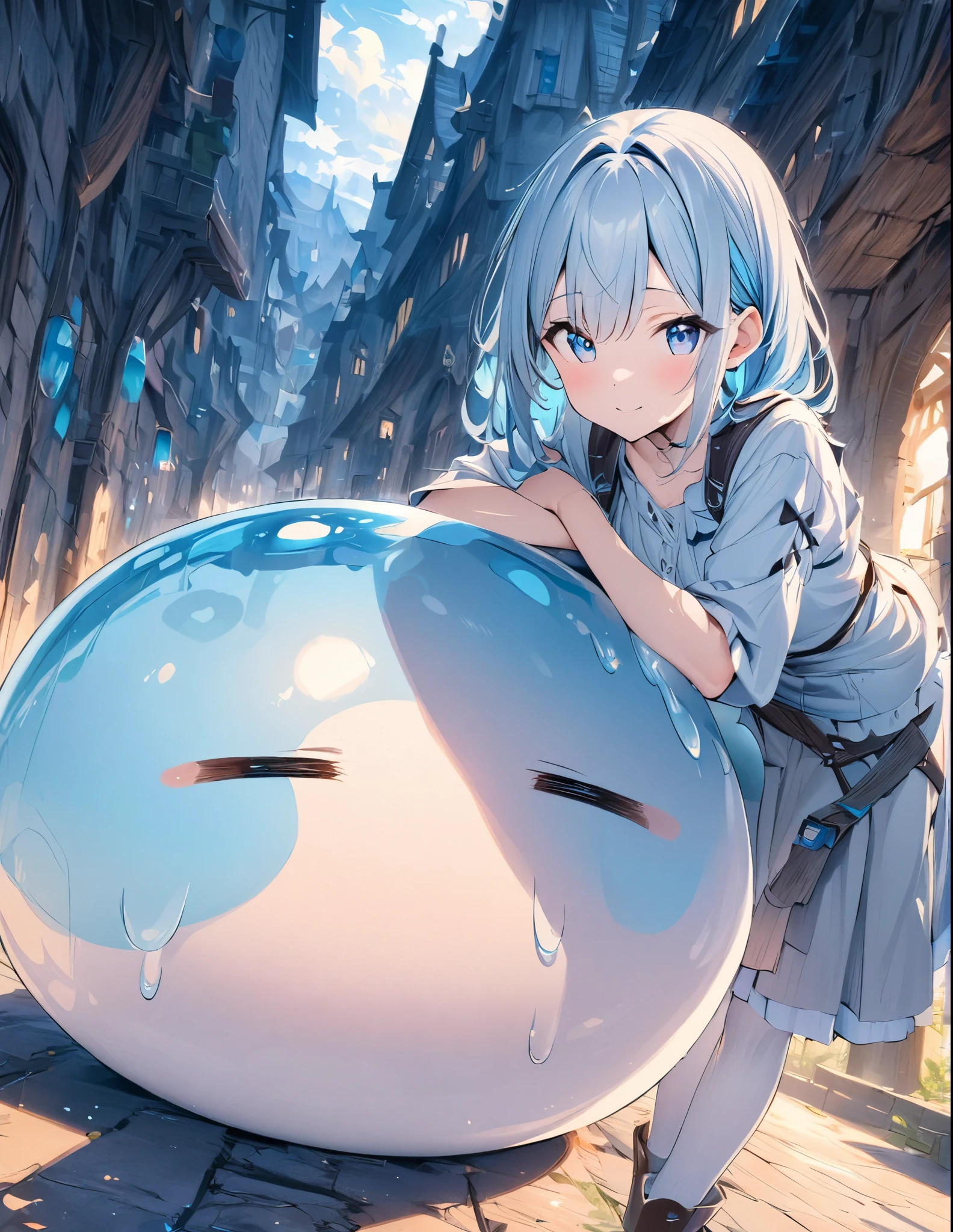 ((style:Colored pencil,pale colour))、(anime)、(masterpiece:1.2),atmospheric perspective,lens flare、Slime and Girl、Fantasy World、cute、A charming slime、Traveling Girl、Girl leaning on slime