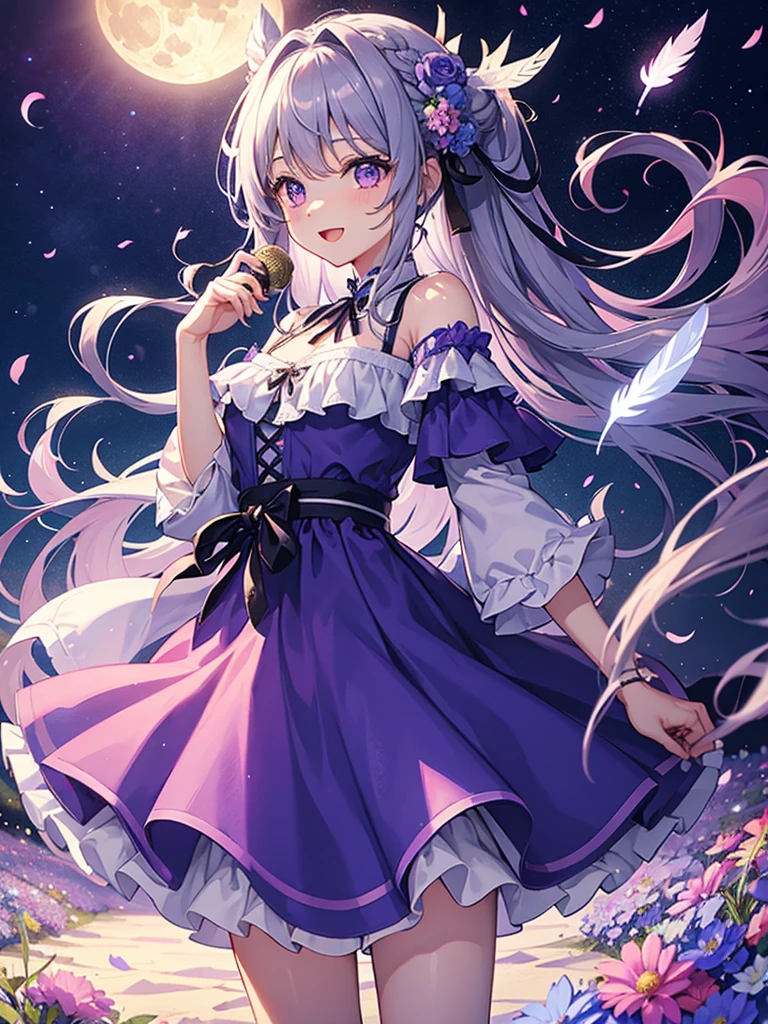 highest quality、Masterpiece、full moon、night、Flower Garden、One girl、Fairy、Feathers grow、Gray Hair、long hair、Hair tied up、No Shadow、Big purple eyes、Pink and light blue dress、Open mouth smile、Flying in the sky