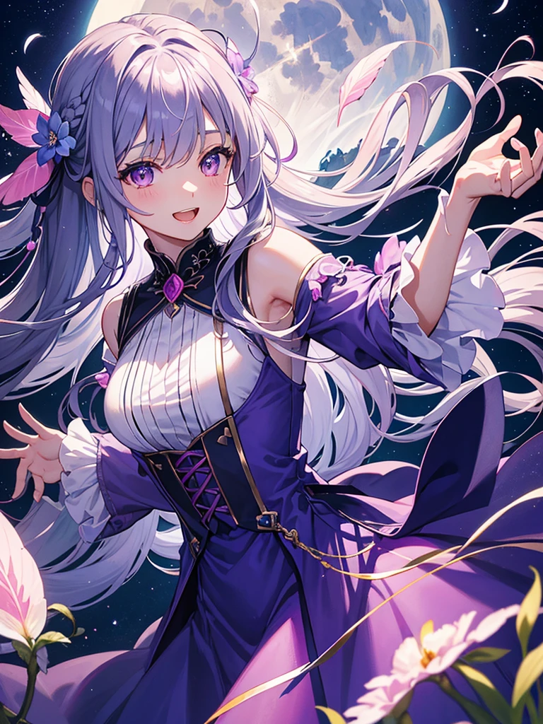 highest quality、Masterpiece、full moon、night、Flower Garden、One girl、Fairy、Feathers grow、Gray Hair、long hair、Hair tied up、No Shadow、Big purple eyes、Pink and light blue dress、Open mouth smile、Flying in the sky