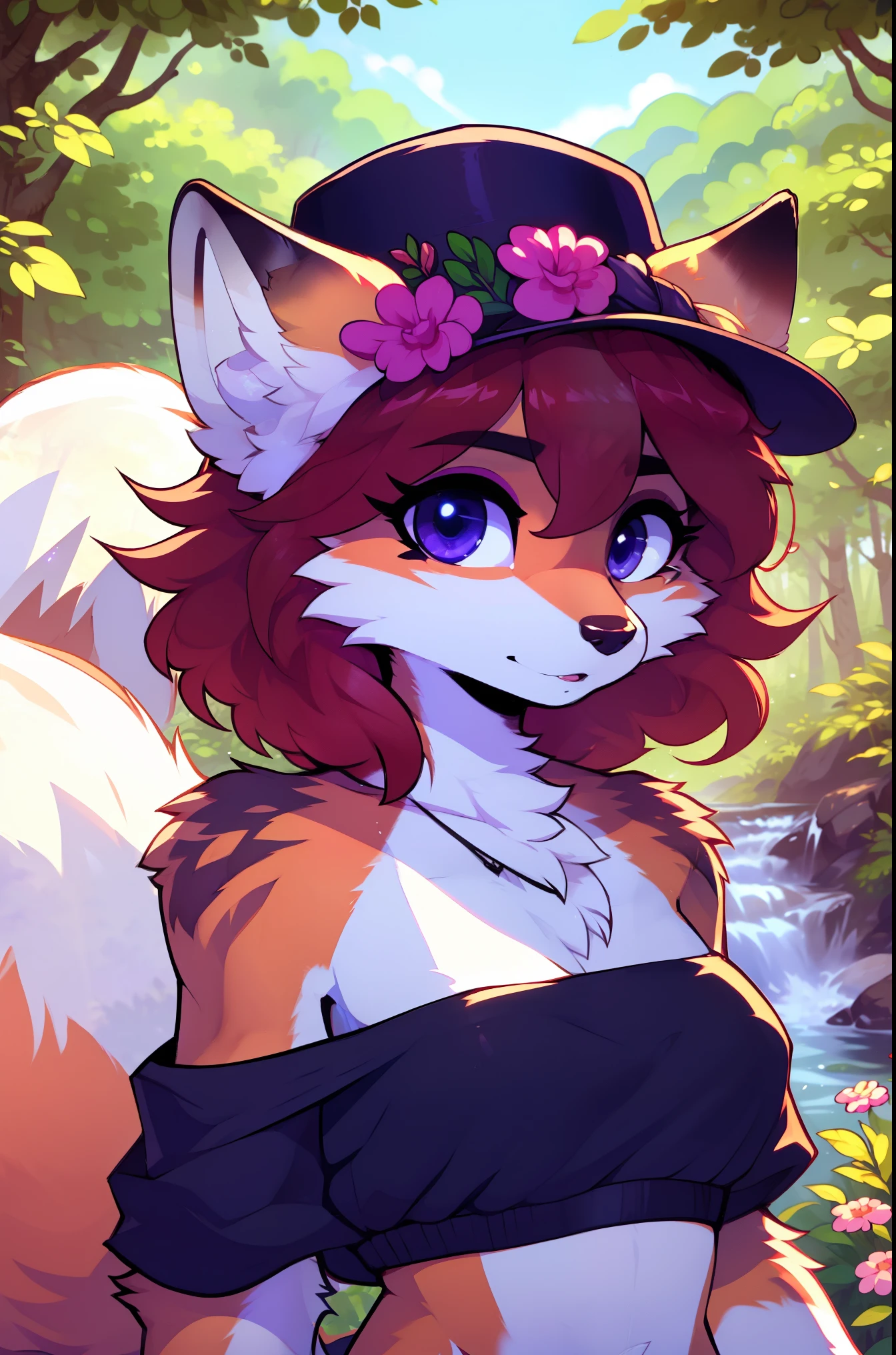 furry,girl fox,tmasterpiece, Best quality at best, (Just focus), (It's a perfect face:1.1), (high detal:1.1), (Ultra-detailed eyes), With a hat on, forest in background, Ethnic style clothing