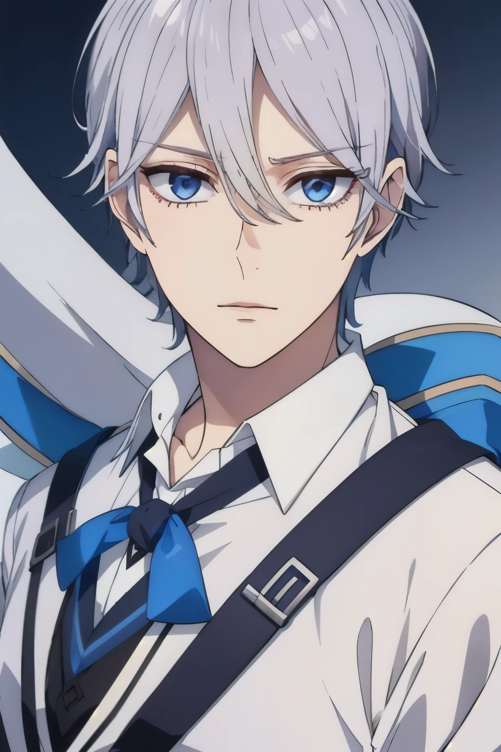 Boy, silver hair, blue eyes, serious sharp features, white skin, handsome, high 