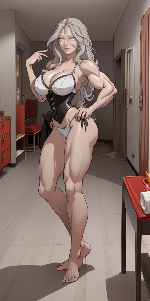 ((Masterpiece, plain background:1,2, masterpiece)) full body standing whitish bikini barefoot barehand together holding her knockers, cleavage, leather corset, long red messy hair, (((in the motel room))), (muscular ass), (thin waist), (very horny), full body photo (grey eyes:1.5) grey hair, hair between eyes, long hair