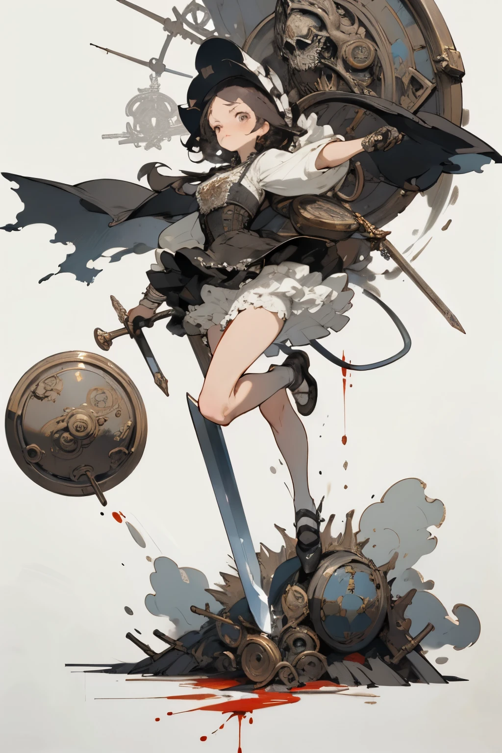 ((best quality)), ((masterpiece)), (detailed), perfect face ((best quality)), ((masterpiece)), (detailed), blank white background, plain background, white background, Bloodborne inspired, occult aesthetic, occult, detailed and intricate steampunk and detailed gothic, (zentangle, mandala, tangle, entangle), NSFW, torn clothing, Very dramatic and cinematic lighting, cosmic horror, grim-dark, side-lighting, perfect face, a beautiful goddess adorned and enshrined in armour, Bloodborne inspired , occult aesthetic , occult , detailed and intricate steampunk and detailed gothic , wielding a sword and holding a shield, NSFW, Fluttering lace flared short dress with frilly petticoats, knee length dress, pleated petticoats, ta dress, petticoats gothic loliside-lighting, gothic lolita aetic, beautiful small breasts, small breasts, full body, whole body, body, plain background, white background, blank background, no background, white background NSFW, full body, whole body, head-to-toe
