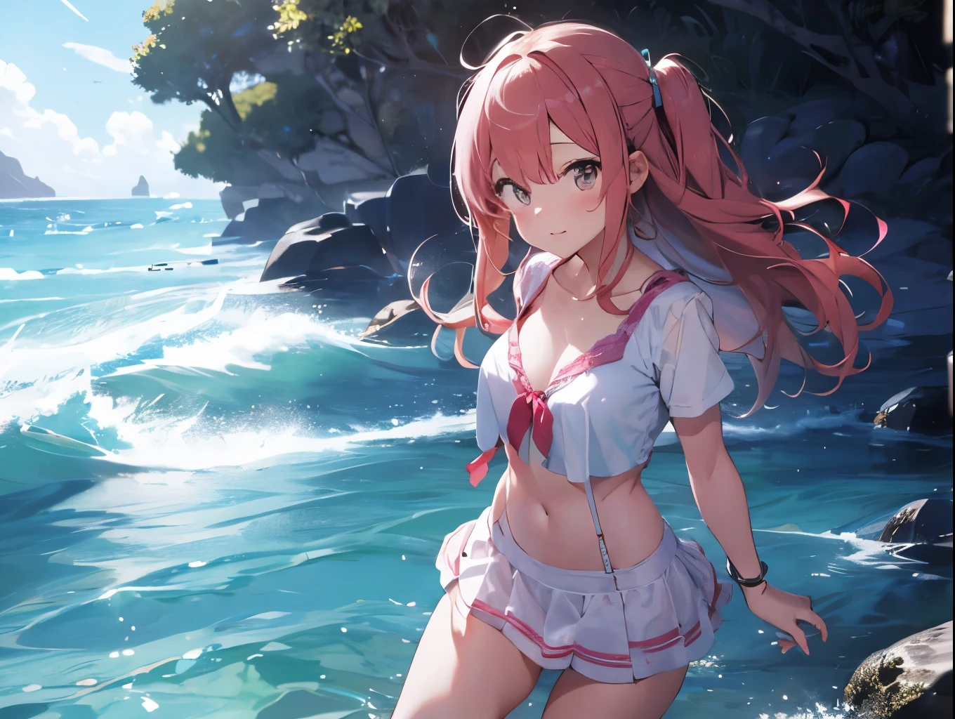 A cute white dress shirt and a tight fitting reddish pink front hook bra、Her miniskirt rose、Her pink and white striped underwear was revealed.。、Sandy Beach, Sea and Blue、Big Breasts、barefoot、Standing posture、hug、