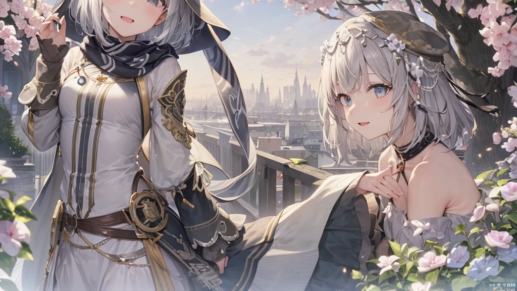 Her eyes were shining、Mysterious and enchanting atmosphere。With AI Painting、とてもShort Hair, Long bangs between the eyes, Grey Eyes , Very detailed,(masterpiece、highest quality)、alone、Gray Hair、Fantasy, Silver Hair, Beautiful Eyes,Ecstasy, charm, attract the audience, Fantasyな風景、White shirt、smile、Open your mouth、Scarf、short hair、Short Hair、hairpin、Dark Eyes