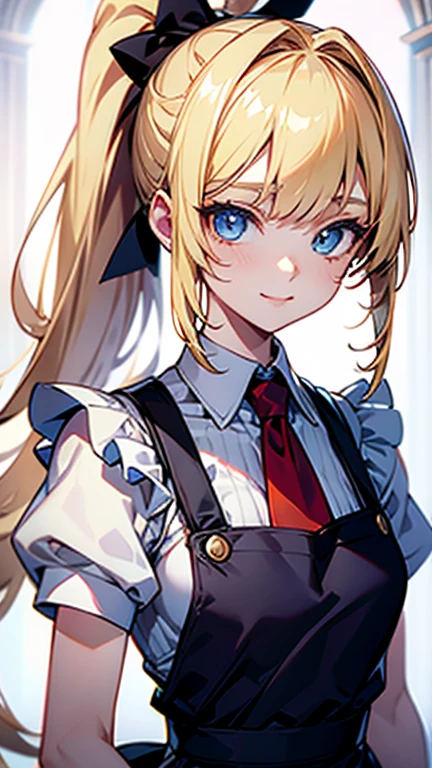 High quality, Best quality , masterpiece, Portrait、、Bright expression、ponytail、Young, shiny, white, glossy skin、Gloss Face、Shining Cheek Gloss、Small Face Beauty、The best beauty、The dazzling light of blonde hair、Bright blonde hair with dazzling highlights、Very beautiful shiny light blonde hair、super long silky straight hair、Her shiny, beautiful bangs are covering her eyes.、Sparkling, clear, attractive, bright, large, pale blue eyes、Very big eyes、eyeliner、very beautiful lovely cute 16 year old girl、young girl, Ample Bust, upper body , (smile:1.2) , (((wearing apron , ponytail )))),in house