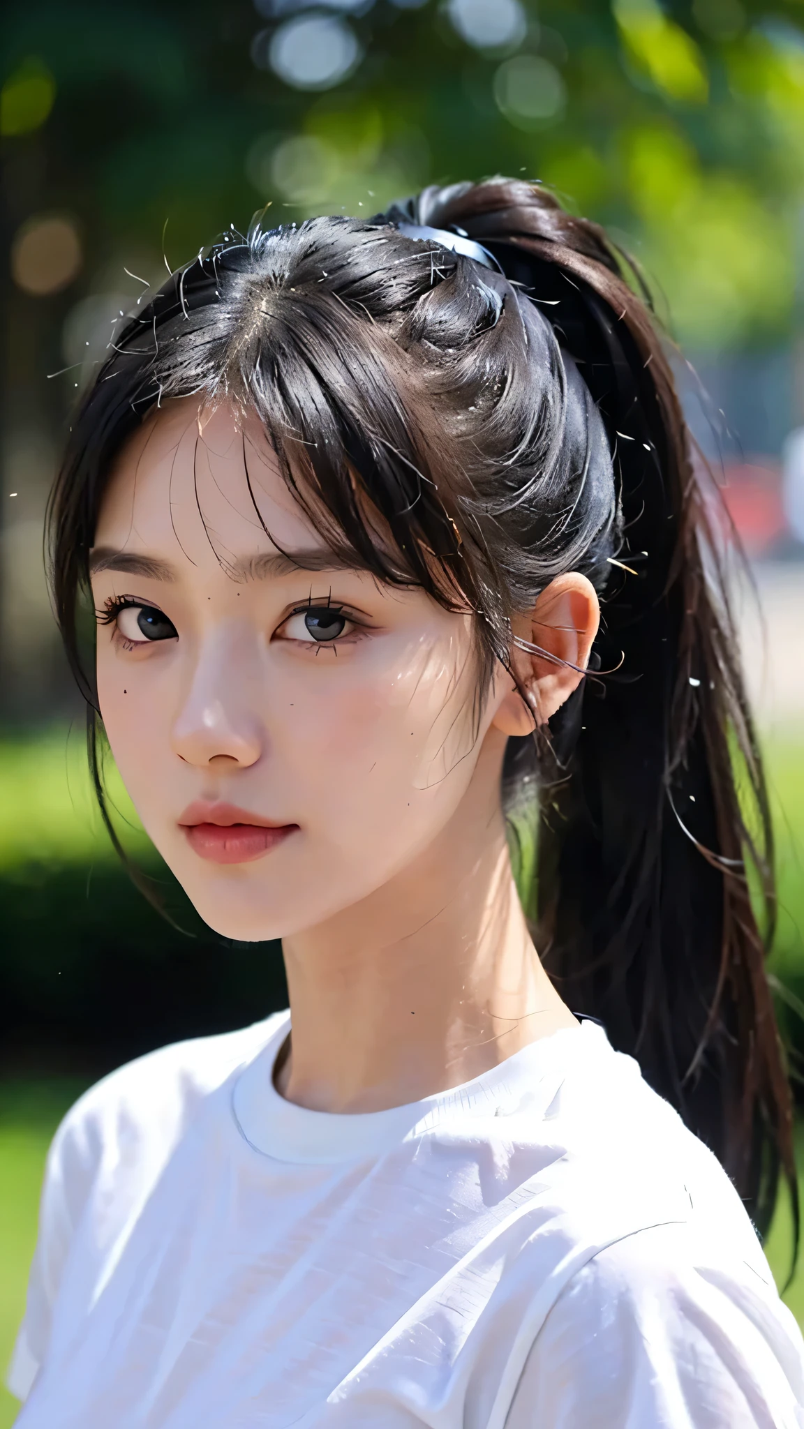 Wearing black underwear、Wear a white T-shirt over it,Black underwear is showing through,Black underwear shows through the T-shirts with wide neck openings,Bra straps are showing,jeans,outdoors,Urban Park,On the lawn,One woman,close up face,fully body photo,masutepiece, The highest image quality, High quality, the background is clear,Beautiful woman, Japanese, Detailed, Detailed eyes, Detailed skin, Beautiful skin, 超hight resolution, (reality: 1.4),Very beautiful woman, Slightly younger face, Beautiful skin, slender, (Ultra photo realsisim), (hight resolution), (8K), (Very detailed) (beautifully detailed eyes), (super detailed), (Detailed face), view the viewer, Fine details, Detailed face, Staring straight ahead, Staring straight ahead, photos realistic, Bright lighting, Professional Lighting, Black hair,poneyTail,a baby face,sixteen years old,Hairstyle: ponytail,Long ponytail hairstyle,slight smile,