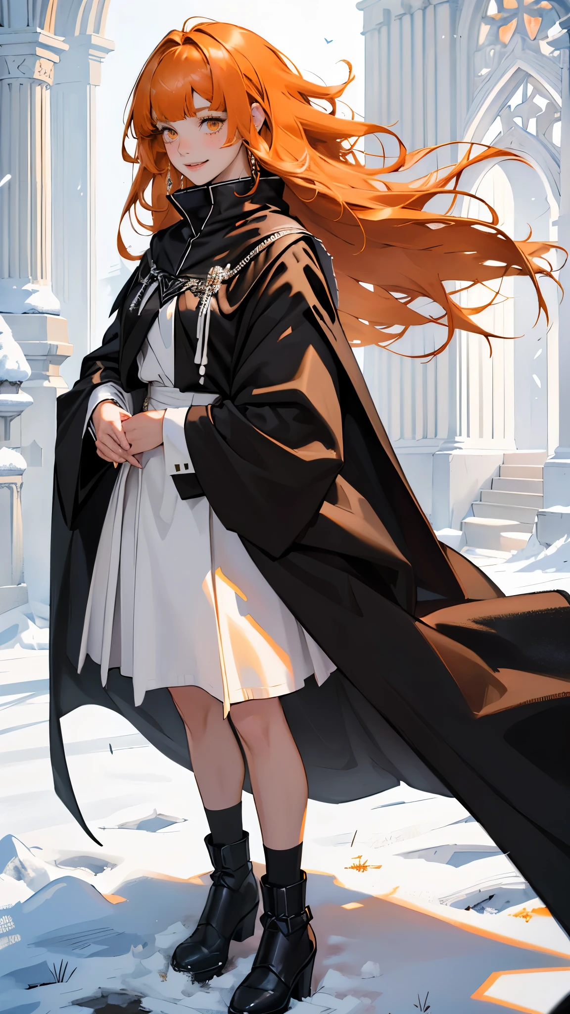 (girl), masterpiece, ultra detailed, 8K Portrait, Raw photo, woman's portrait photography, full body, Highly detailed face, mischievous childish smile, blush, ((Fantasy)), ((young)), , 160cm, (((student))), ((tanned skin)), (((dark orange colored long straight hair))), (((blunt bangs))), hair ornament, (((black silk long cloak))) Fluttering in the wind, (high school dark white uniform:1.5), Plaid short skirt, Midday sun, Hyper realistic, Slender body, by the snowy castle, Ambient lighting, Shadow details, Camera focus on face, strong breeze, Light fog
