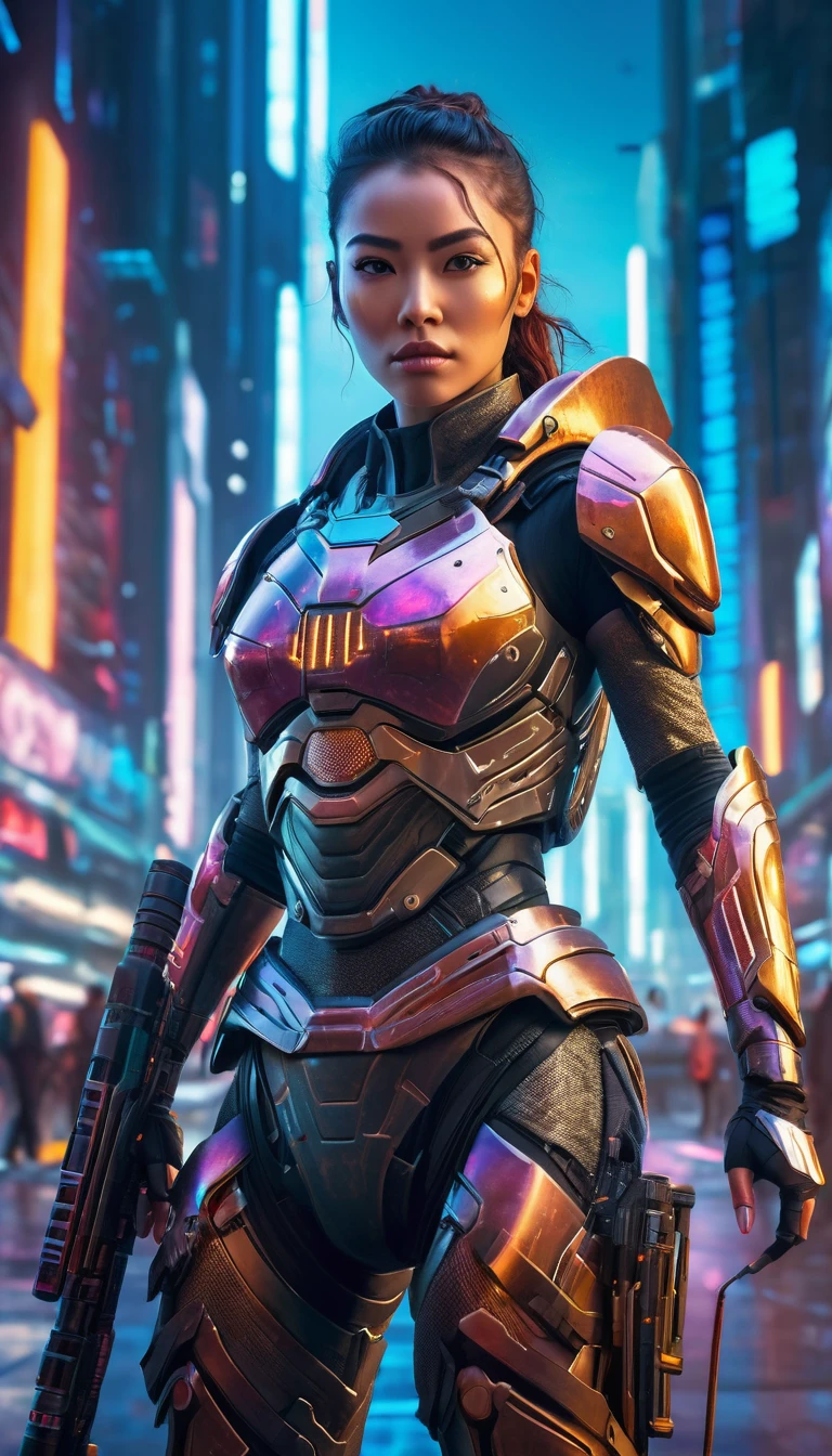 a futuristic female warrior in high-tech armor, full body shot, holding a high-tech weapon, in an immersive sci-fi city background, detailed face, intricate armor details, dramatic lighting, cinematic composition, vibrant colors, digital art, concept art style, photorealistic, 8k, best quality