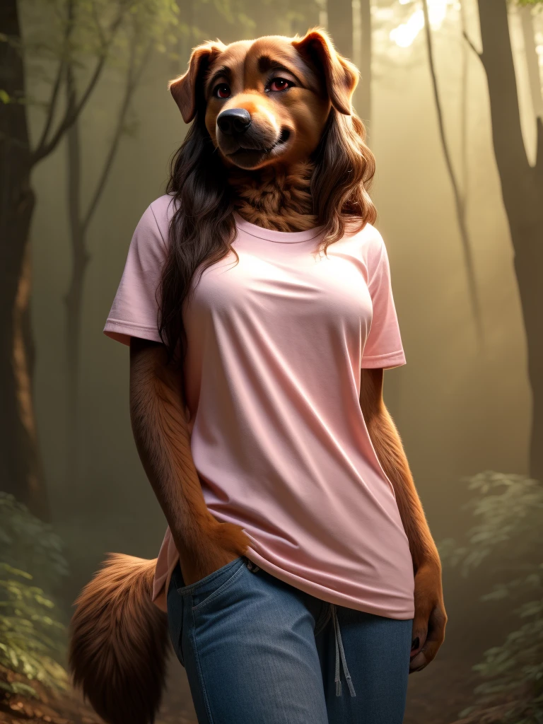 (Sexy Posing:1.5), Female, 30 years old, cute, eyeliner, long hair, biting lip smile, pink shirt, bedroom eyes, anthro, dog ears, (brown fur:1.5), baggy shirt, dog chocolate Labrador, forest background, 8k, hi res, (best quality, masterpiece), red eyes, (dog tail:1.5), detailed fur
