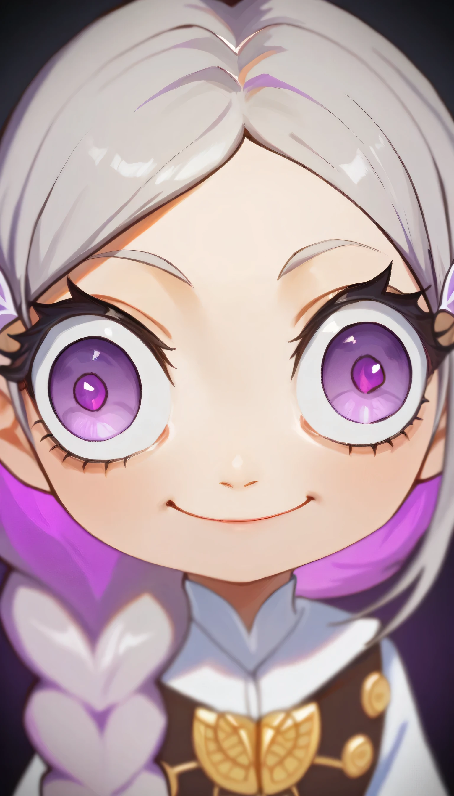 score_9,score_8_up,score_7_up, smooth anime, (Cryptic Girl), 1girl, solo, purple hair, (purple eyes), well-aligned eyes, extremely detailed face, very long hair, grey hair, braided ponytail, purple white gradient long hair, insanity-angle, chibi, portrait, closed mouth, close-up, crazy eyes, crazy smile, backlighting, indoors, bed, dark background, BREAK depth of field, illumination