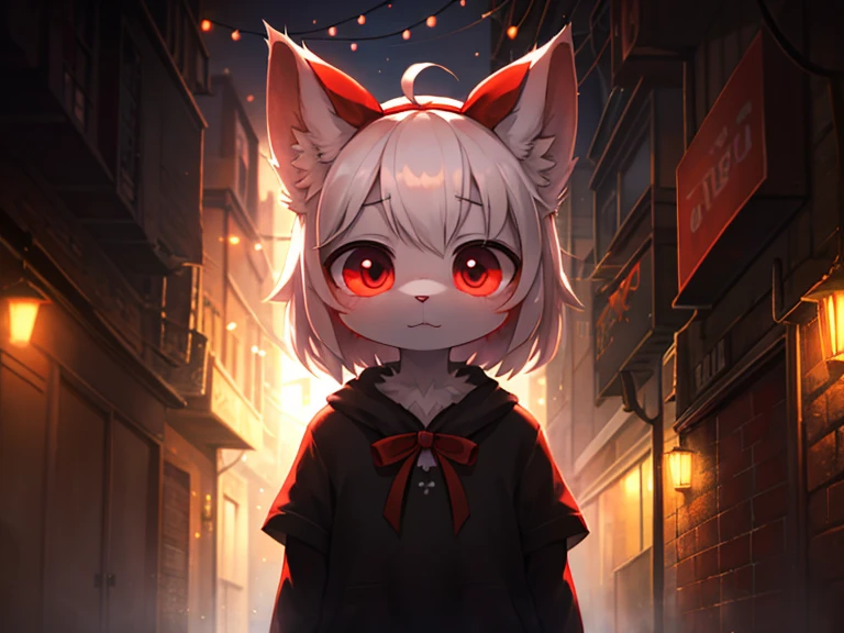 Hallucination, daydream , bokeh , A dense foggy Alley leading to purgatory , White face, big eyes and a red ribbon , Smooth and soft fur , hell kitty 