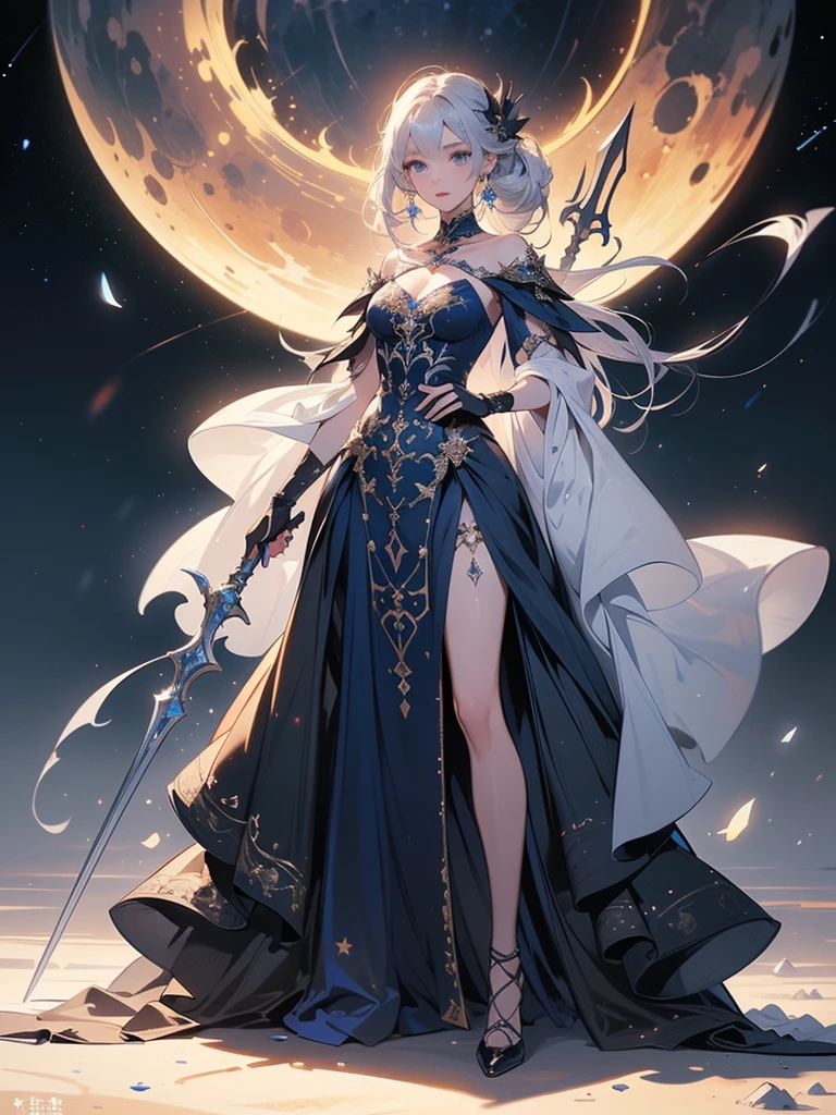 Design a layout showcase Gaming character, (1girl). Blue+Silver clothes, celestial and graceful, ((showcase weapon:1.4)), crescent blade, (masterpiece:1.2), (best quality), 4k, ultra-detailed, (Step by step design, layout art:1.5), (starry lighting, cosmic atmosphere), moon priestess, ((moonlit gloves)), (((revealing gown:1.3))), starlit vambraces, celestial boots, (((full_body_shot:1.4)))