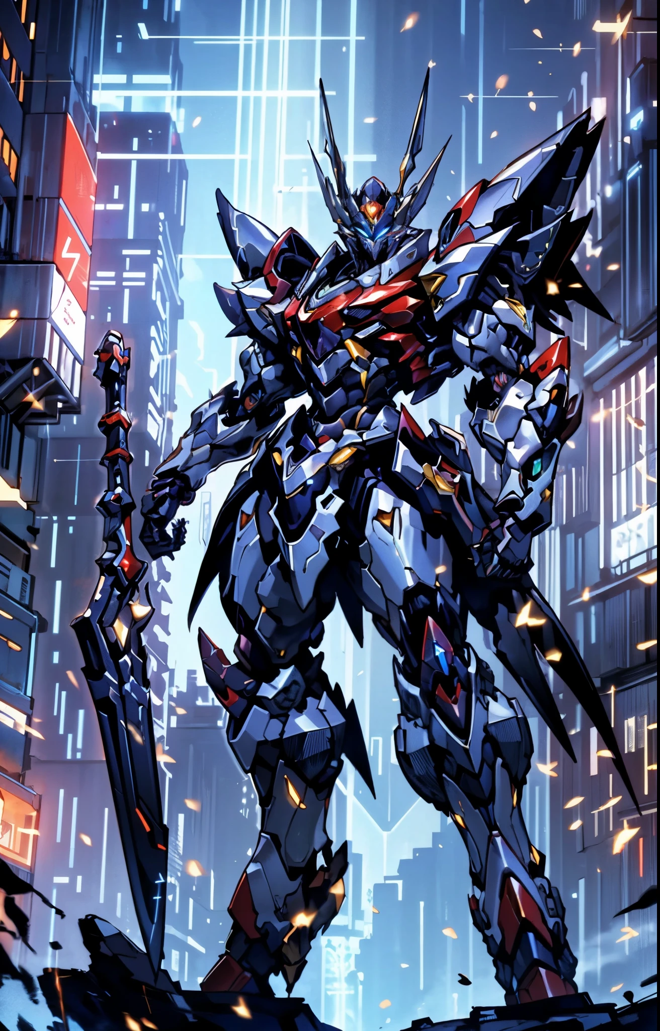 Humanoid Mecha, fully enclosed shoulder guards, matching arm and leg guards, full body, full armor, super robot, the design balances heavy with agility, (the color scheme is primarily white with red and blue accents, the concept Inspired by super robot, artificial muscle chest armor, pose, standing, floating high above the futuristic sci-fi city), exquisite and mature art style, (aura effect, energy, glowing eyes, the armor glows), ((SRS)), metallic, dynamic angle, dynamic composition, dramatic, high definition, best quality, highres, ultra-detailed, ultra-fine painting, extremely delicate, professional, perfect body proportions, anatomically correct, symmetrical face, extremely detailed eyes and face, high quality eyes, creativity, RAW photo, UHD, 32k, Natural light, cinematic lighting, masterpiece-anatomy-perfect, masterpiece:1.5