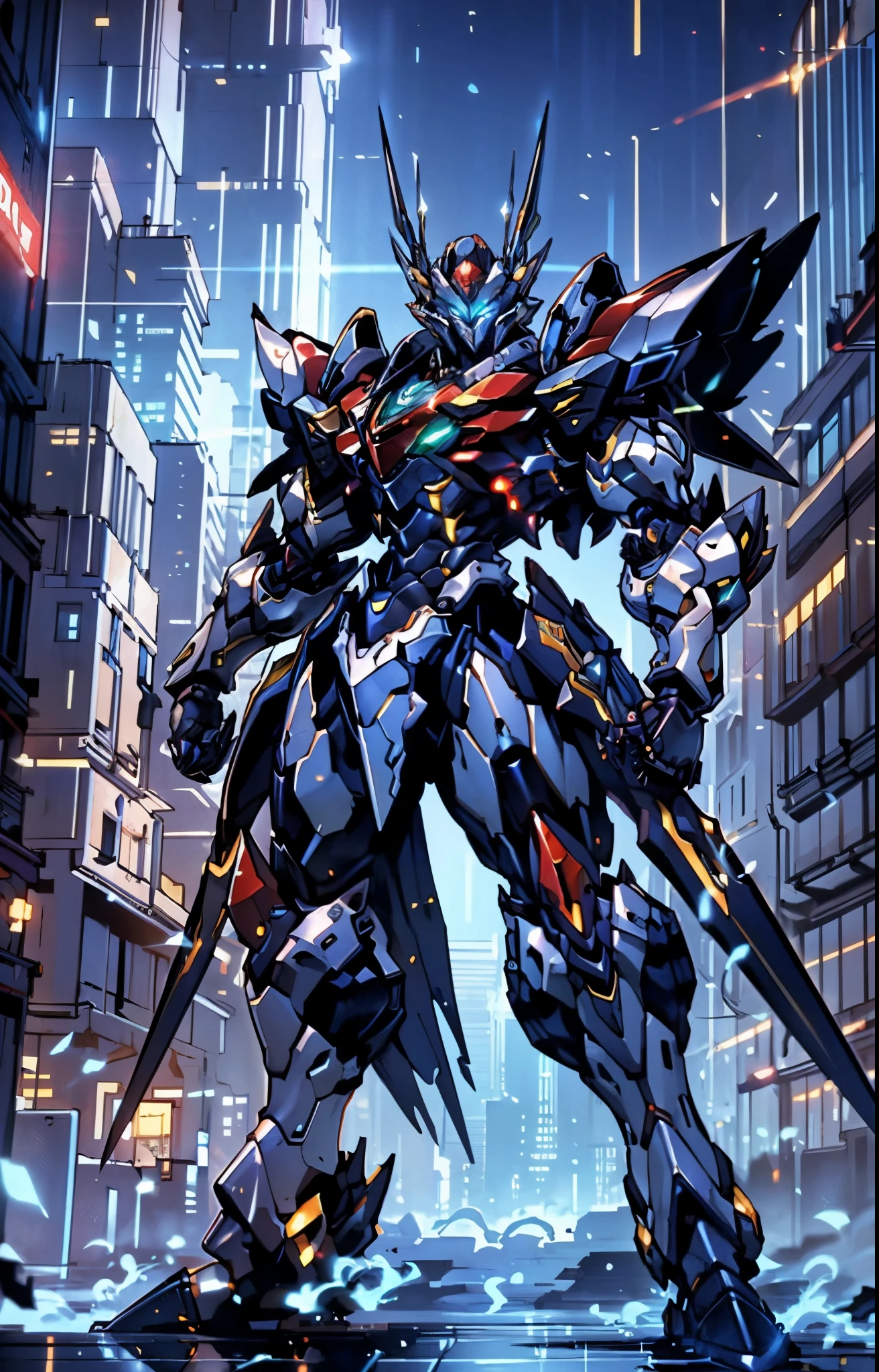 Humanoid Mecha, fully enclosed shoulder guards, matching arm and leg guards, full body, full armor, super robot, the design balances heavy with agility, (the color scheme is primarily white with red and blue accents, the concept Inspired by super robot, artificial muscle chest armor, pose, standing, floating high above the futuristic sci-fi city), exquisite and mature art style, (aura effect, energy, glowing eyes, the armor glows), ((SRS)), metallic, dynamic angle, dynamic composition, dramatic, high definition, best quality, highres, ultra-detailed, ultra-fine painting, extremely delicate, professional, perfect body proportions, anatomically correct, symmetrical face, extremely detailed eyes and face, high quality eyes, creativity, RAW photo, UHD, 32k, Natural light, cinematic lighting, masterpiece-anatomy-perfect, masterpiece:1.5
