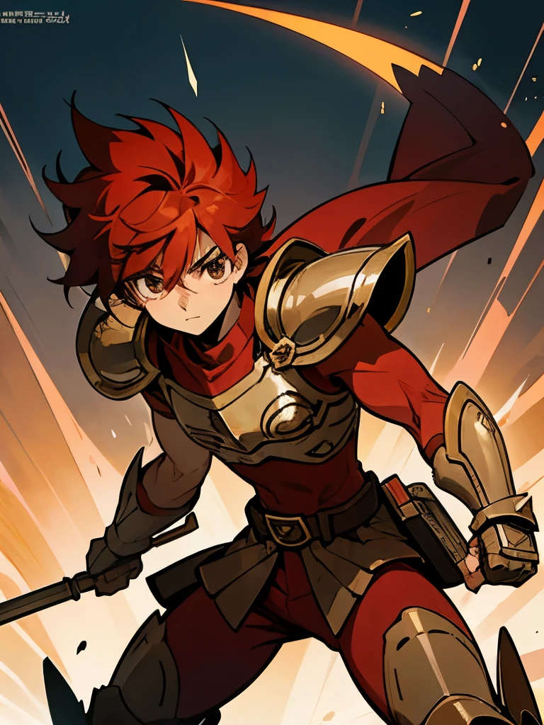 Redhead teenage man, brown eyes, spiky hair, Bronze armor of the sign of Sagittarius, anime cover, 