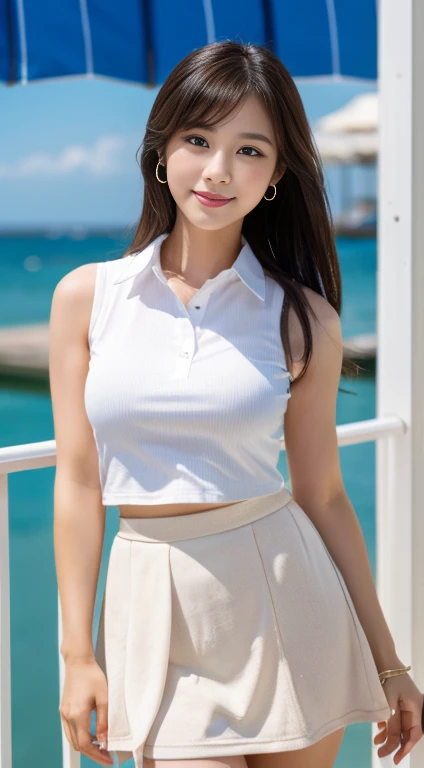 4K,8k,16k,32k, High resolution ,Realistic, photoRealistic, RAW Photos,ultra Realistic photo ,最high quality, high quality, Face Focus ,Symmetrical face, 1 Female ,23 years old ,Huge breasts, Sleeveless shirt、Micro Mini Skirt、White Skirt,frontage,Full Body Shot, sony camera、Idol、smile