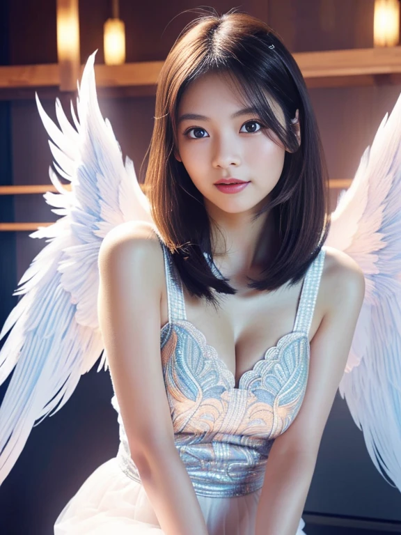 (A cute young Japanese Angel:1.5), (She has real Angel wings:1.5),(She has halo:1.5),(beautiful detailed eyes:2.0),beautiful detailed lips, extremely detailed eyes and face, longeyelashes, slender woman body, beautiful short hair, natural makeup,big smile, incredibly beautiful skin, (professional lighting, bright lighting, photorealistic, 8k, high resolution, best quality, masterpiece, ultra-detailed:1.25), vivid colors, moonlit night