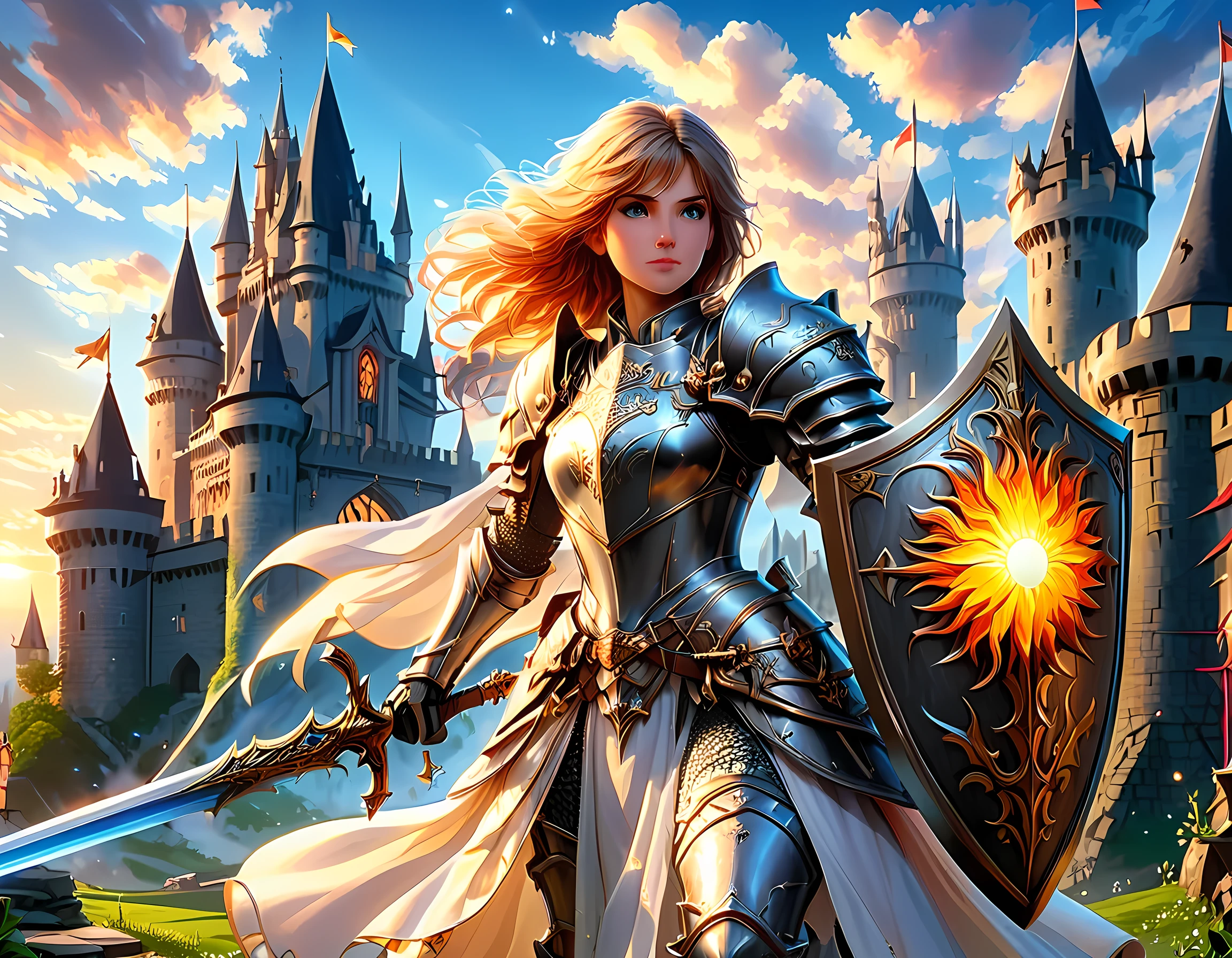 16k, ultra detailed, masterpiece, best quality, (extremely detailed), arafed, dnd art, panoramic view, full body, a lady knight standing on the all of the castle as the sun rises, you see only the silhouette of knight, intense eyes, ultra feminine, ultra detailed face, (Masterpiece, intense details:1.5), (anatomically correct: 1.5), determined face, sky are switching day and night, the sun is rising, suns, some stars, rays of dawn, fantasy castle background, Wide-Angle, Ultra-Wide Angle, 16k, highres, best quality, faize, Sword and shield