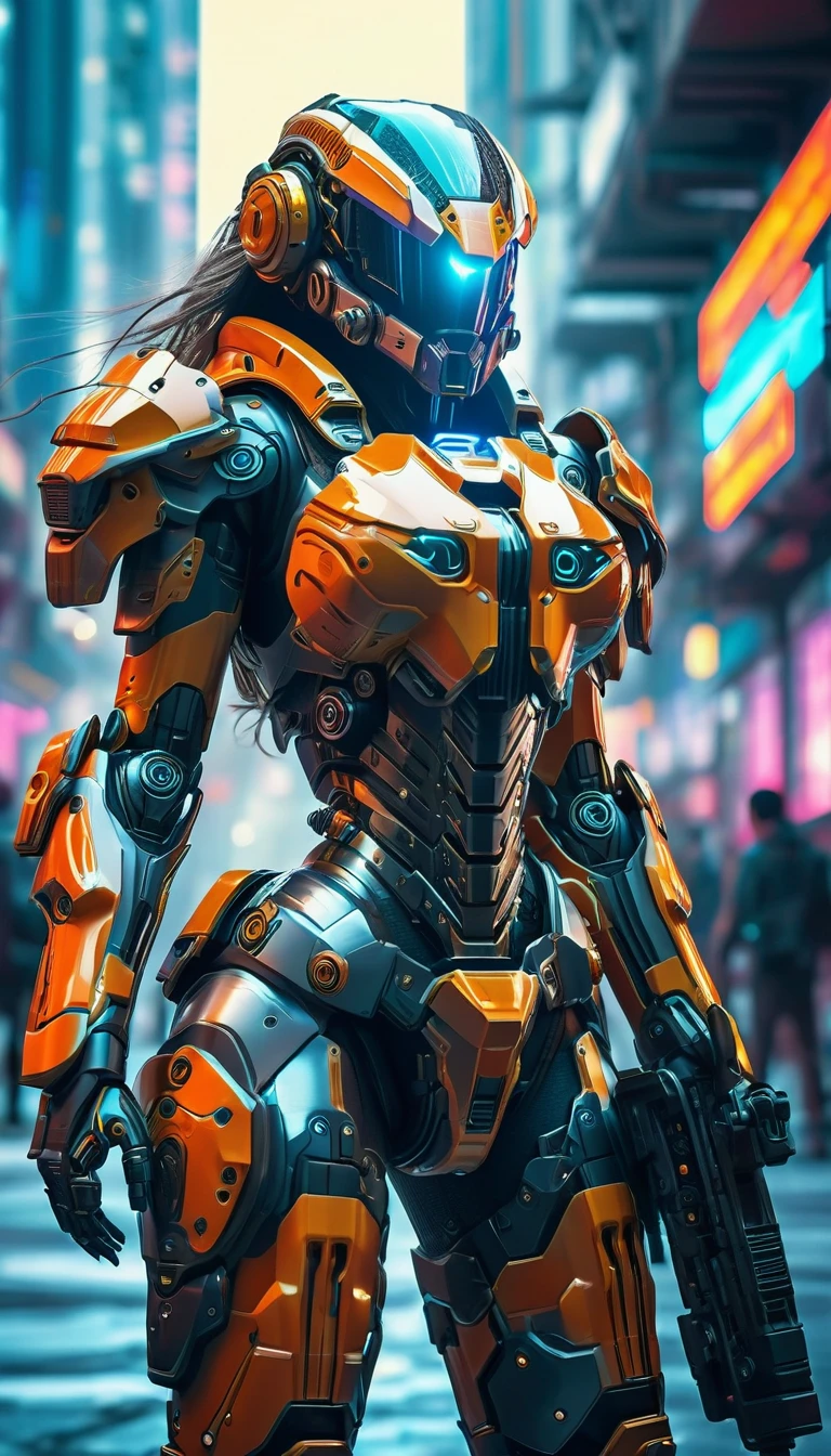 a futuristic female warrior in high-tech mechanical armor, huge mech armor, full body shot, holding a high-tech weapon, in an immersive sci-fi city background, detailed face, intricate armor details, dramatic lighting, cinematic composition, vibrant colors, digital art, concept art style, photorealistic, 8k, best quality